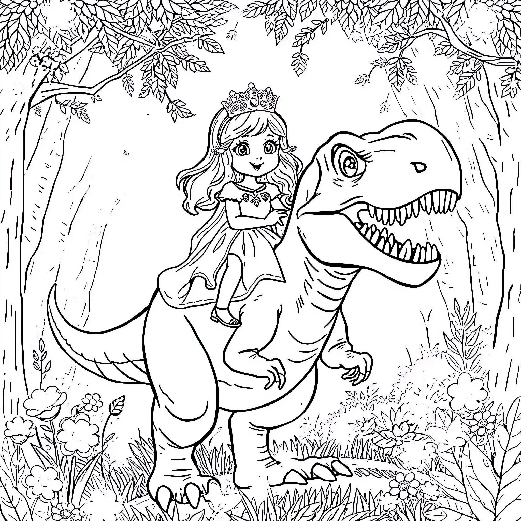 Princess Encounters Friendly Dinosaur in Enchanted Forest Coloring Page (free black-and-white line drawing printable PDF for all, from beginners to advanced learners, including children, teens, adults, and seniors)