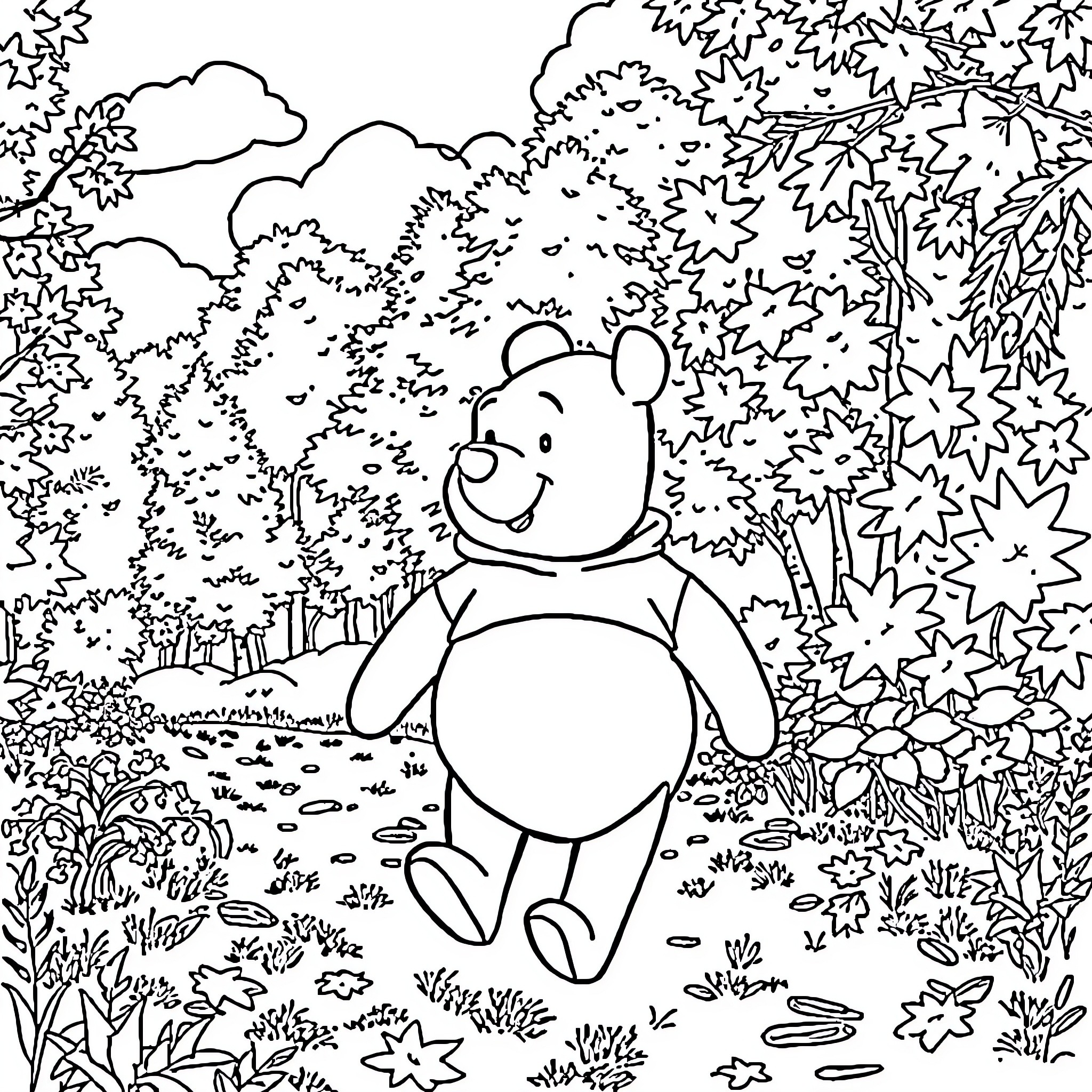 Winnie The Pooh exploring the enchanted forest Coloring Page (free black-and-white line drawing printable PDF for all, from beginners to advanced learners, including children, teens, adults, and seniors)