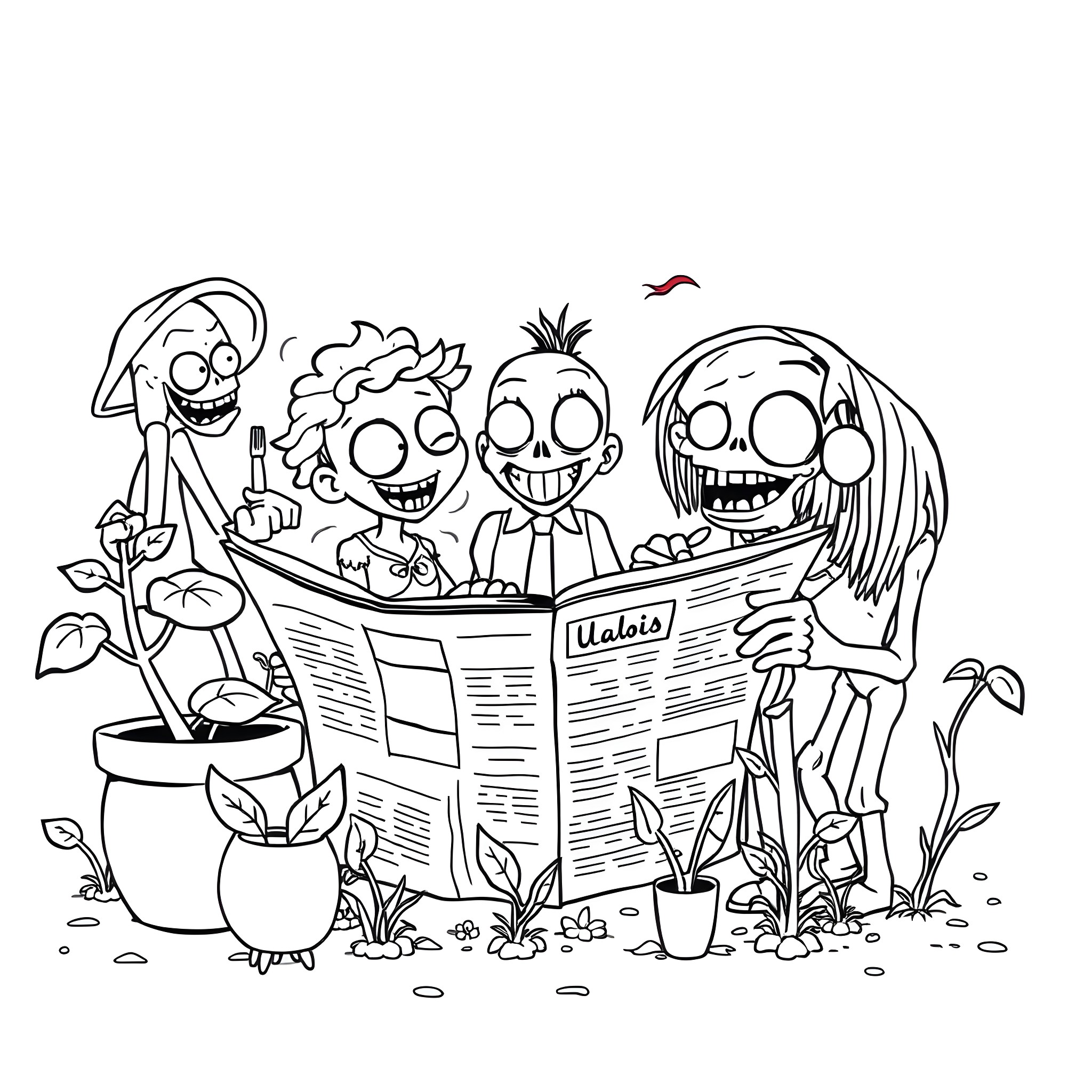 Plant Reading Newspaper Together with Friends Coloring Page (free black-and-white line drawing printable PDF for all, from beginners to advanced learners, including children, teens, adults, and seniors)