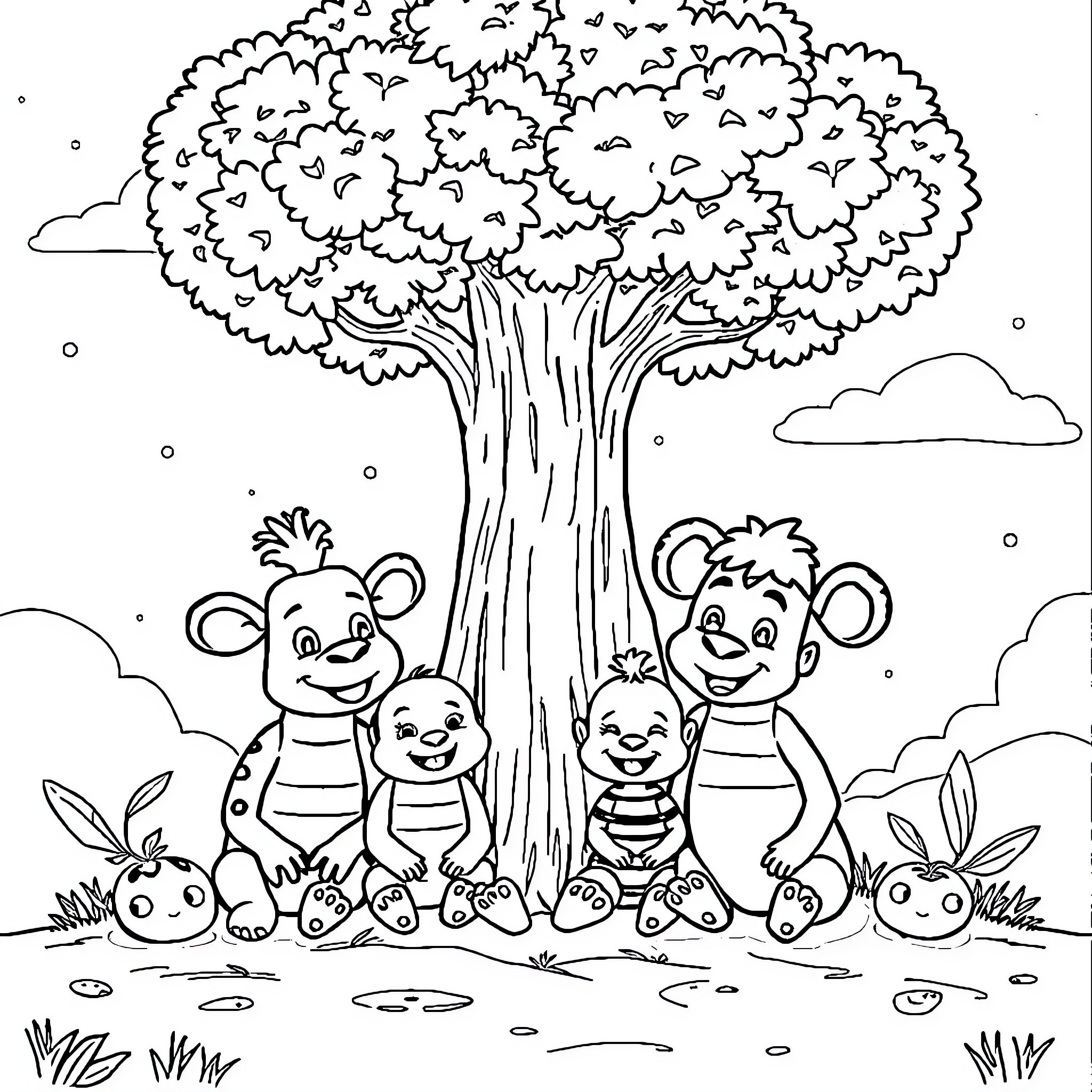 Labubu's Family Picnic under the Shady Tree Coloring Page (free black-and-white line drawing printable PDF for all, from beginners to advanced learners, including children, teens, adults, and seniors)