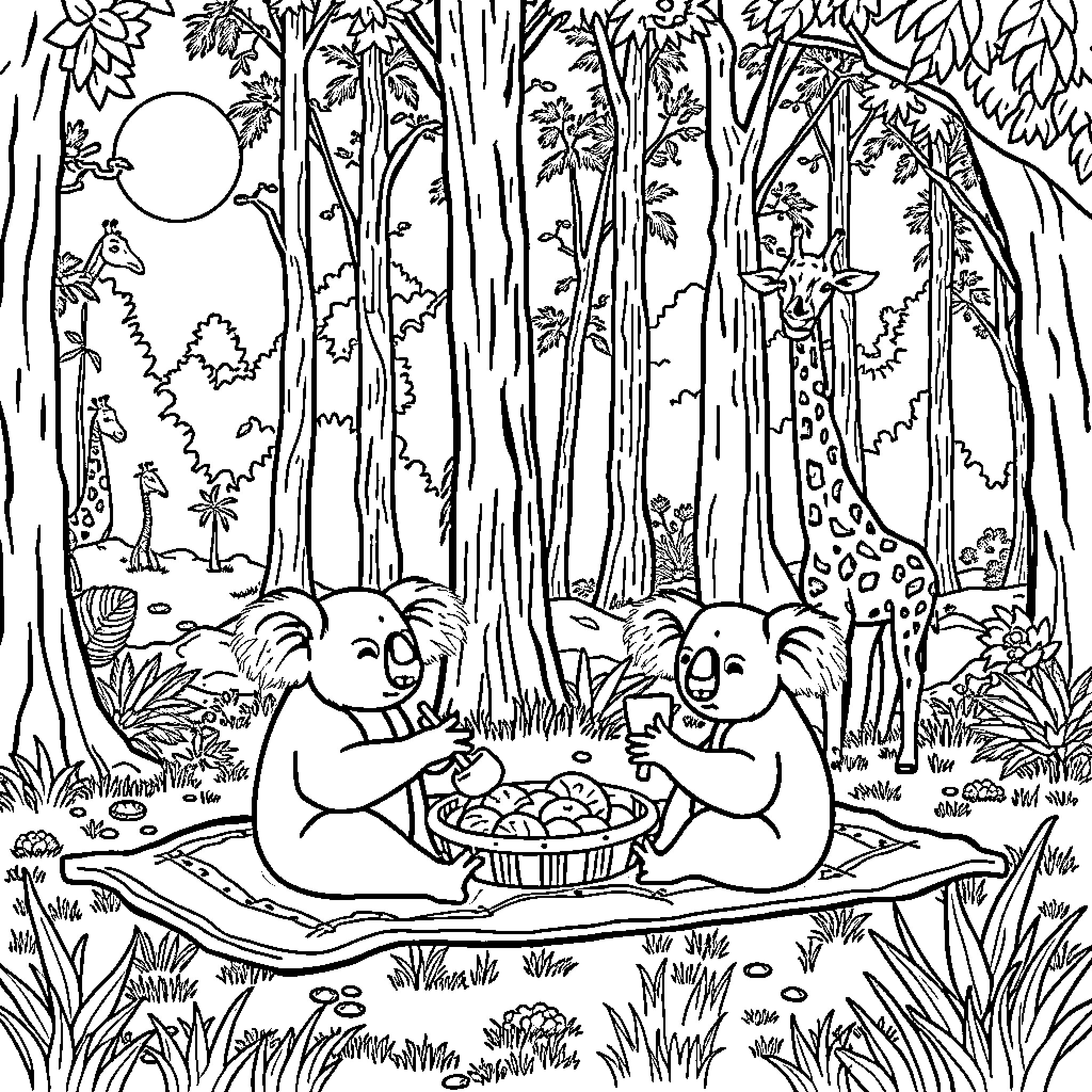 Koala friends enjoying a picnic in the forest Coloring Page (free black-and-white line drawing printable PDF for all, from beginners to advanced learners, including children, teens, adults, and seniors)