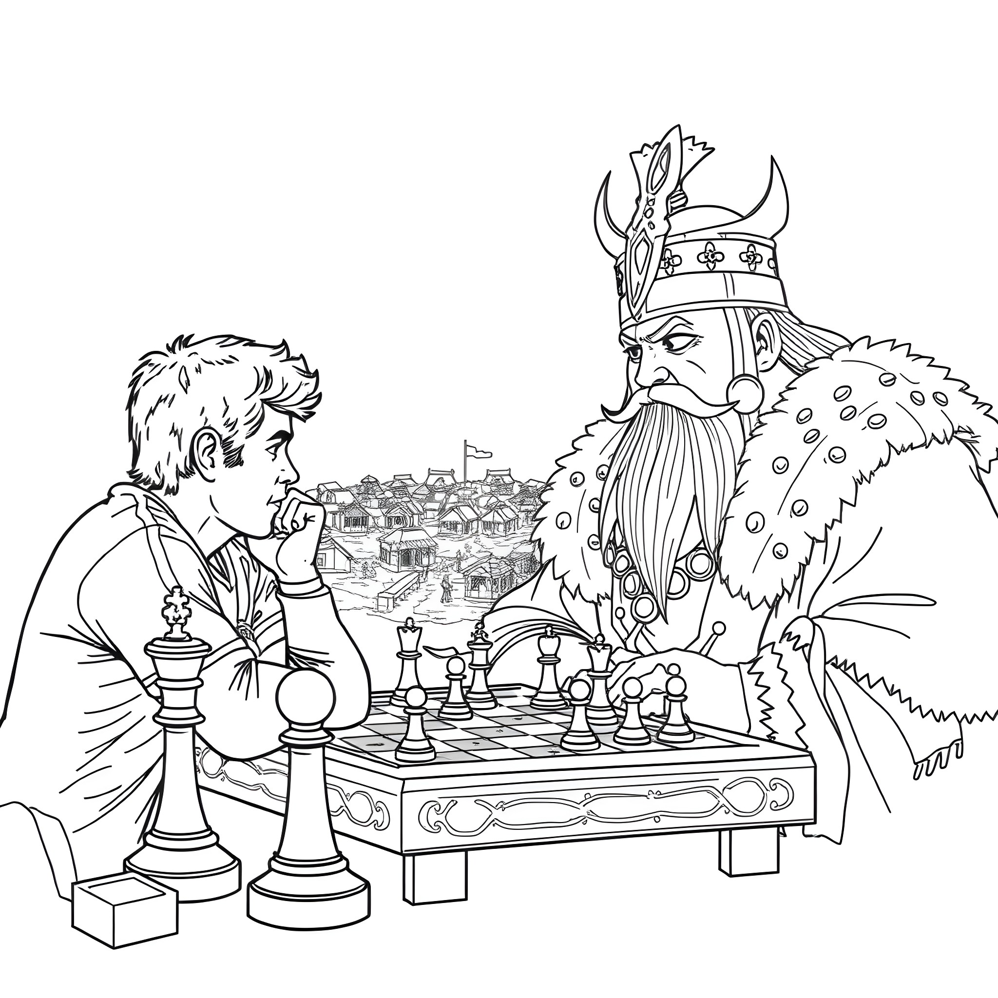 Diego Maradona playing chess with a medieval warrior Coloring Page (free black-and-white line drawing printable PDF for all, from beginners to advanced learners, including children, teens, adults, and seniors)