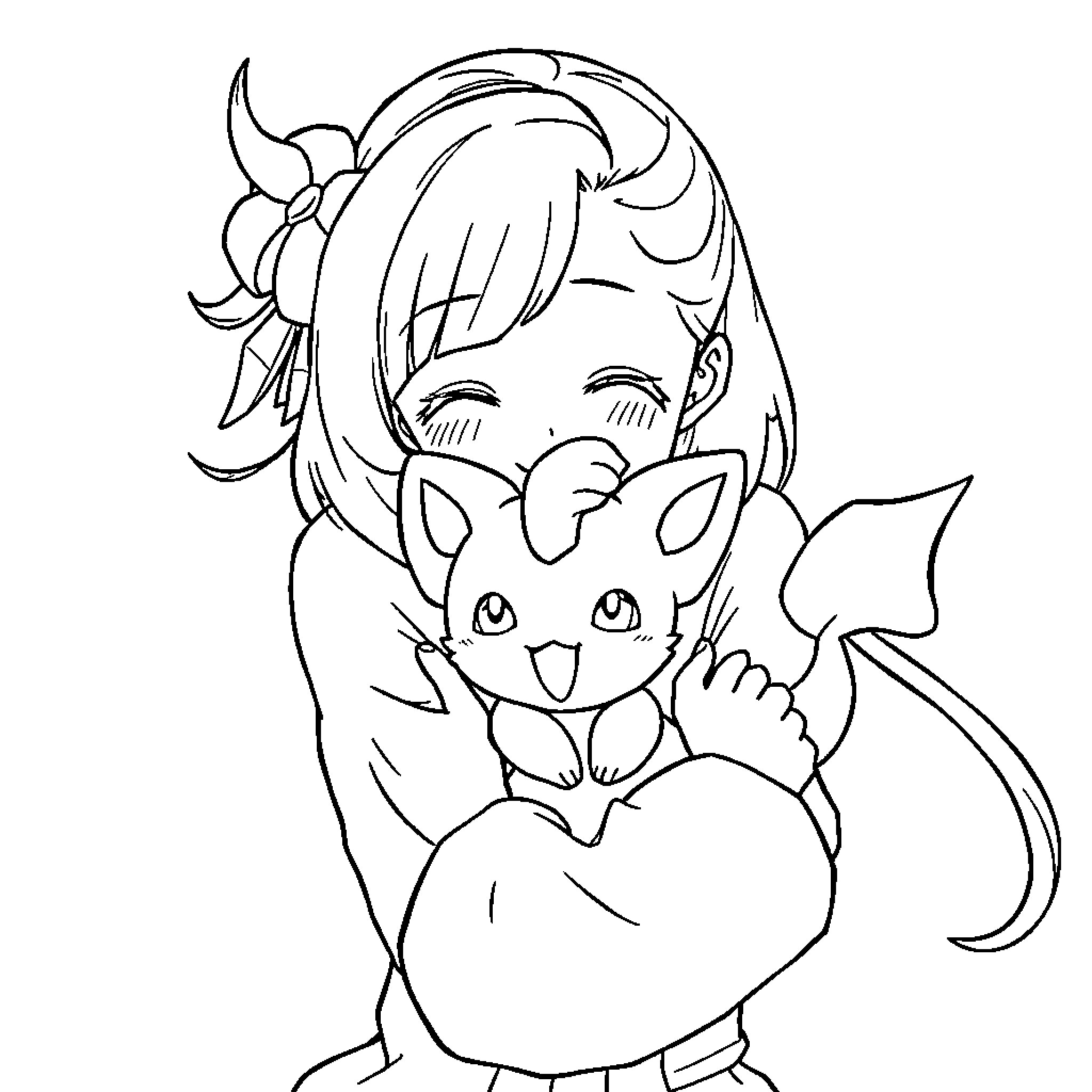 Rumi hugging a cute animal companion Coloring Page (free black-and-white line drawing printable PDF for all, from beginners to advanced learners, including children, teens, adults, and seniors)