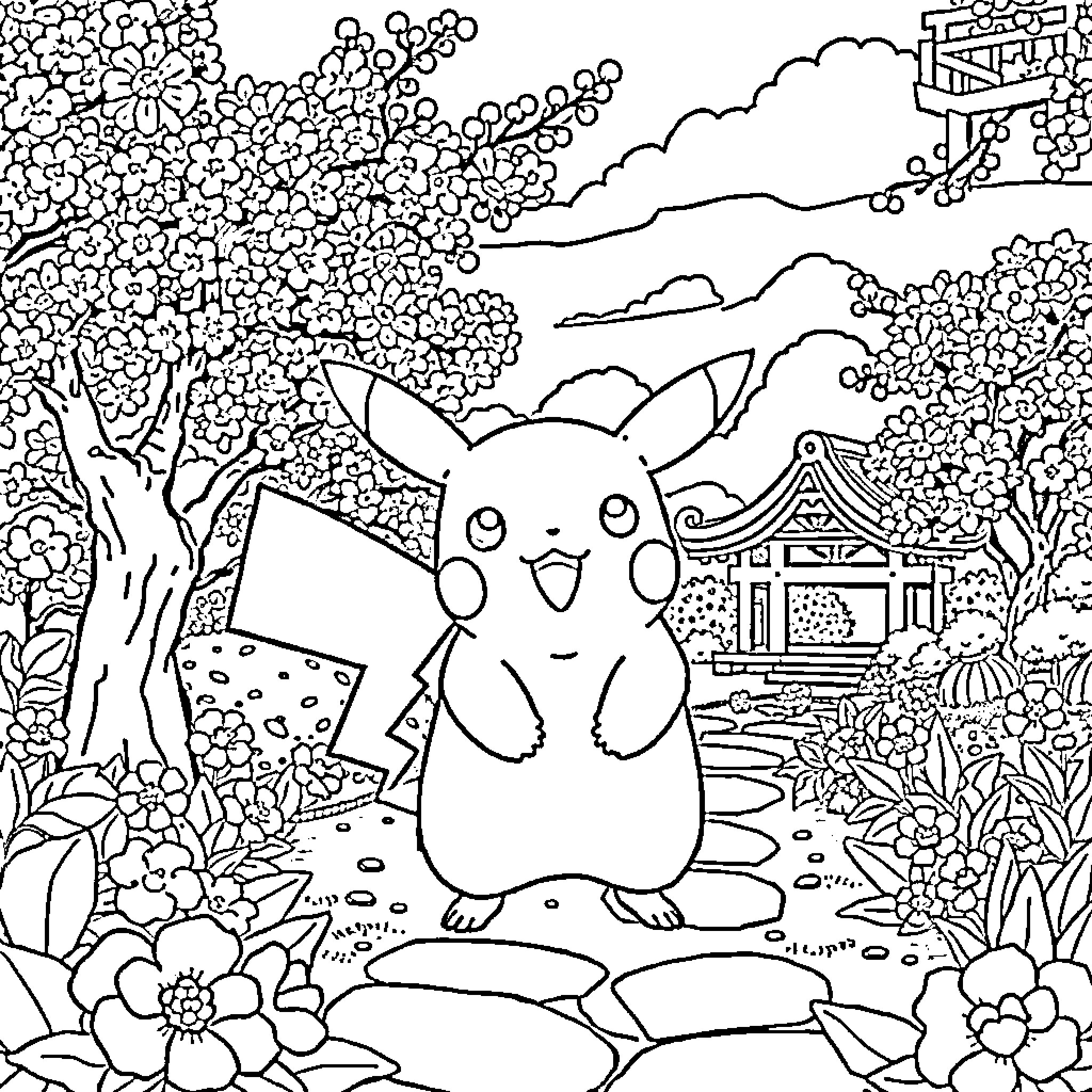 Pikachu exploring the enchanted Japanese garden Coloring Page (free black-and-white line drawing printable PDF for all, from beginners to advanced learners, including children, teens, adults, and seniors)