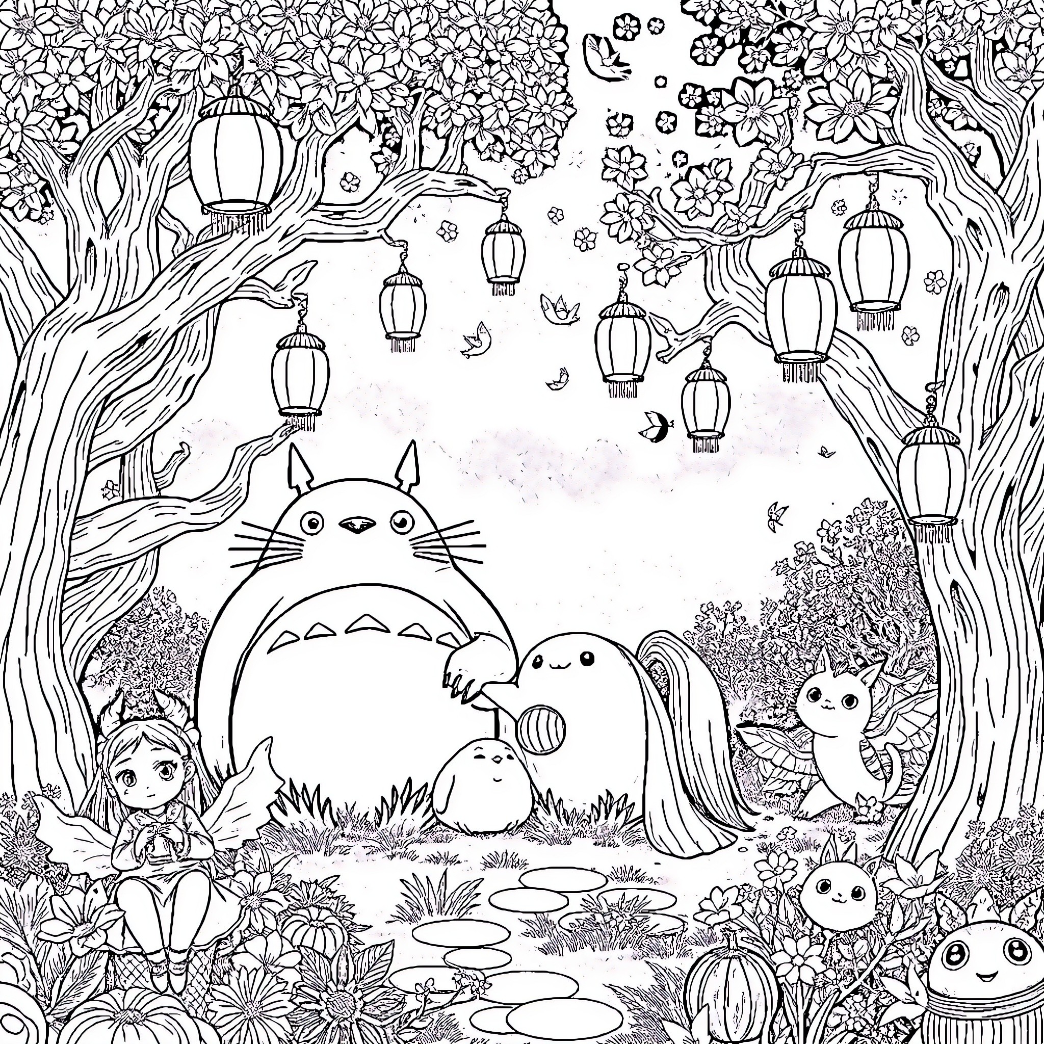 Ghibli Characters in Whimsical Forest Scene Coloring Page (free black-and-white line drawing printable PDF for all, from beginners to advanced learners, including children, teens, adults, and seniors)