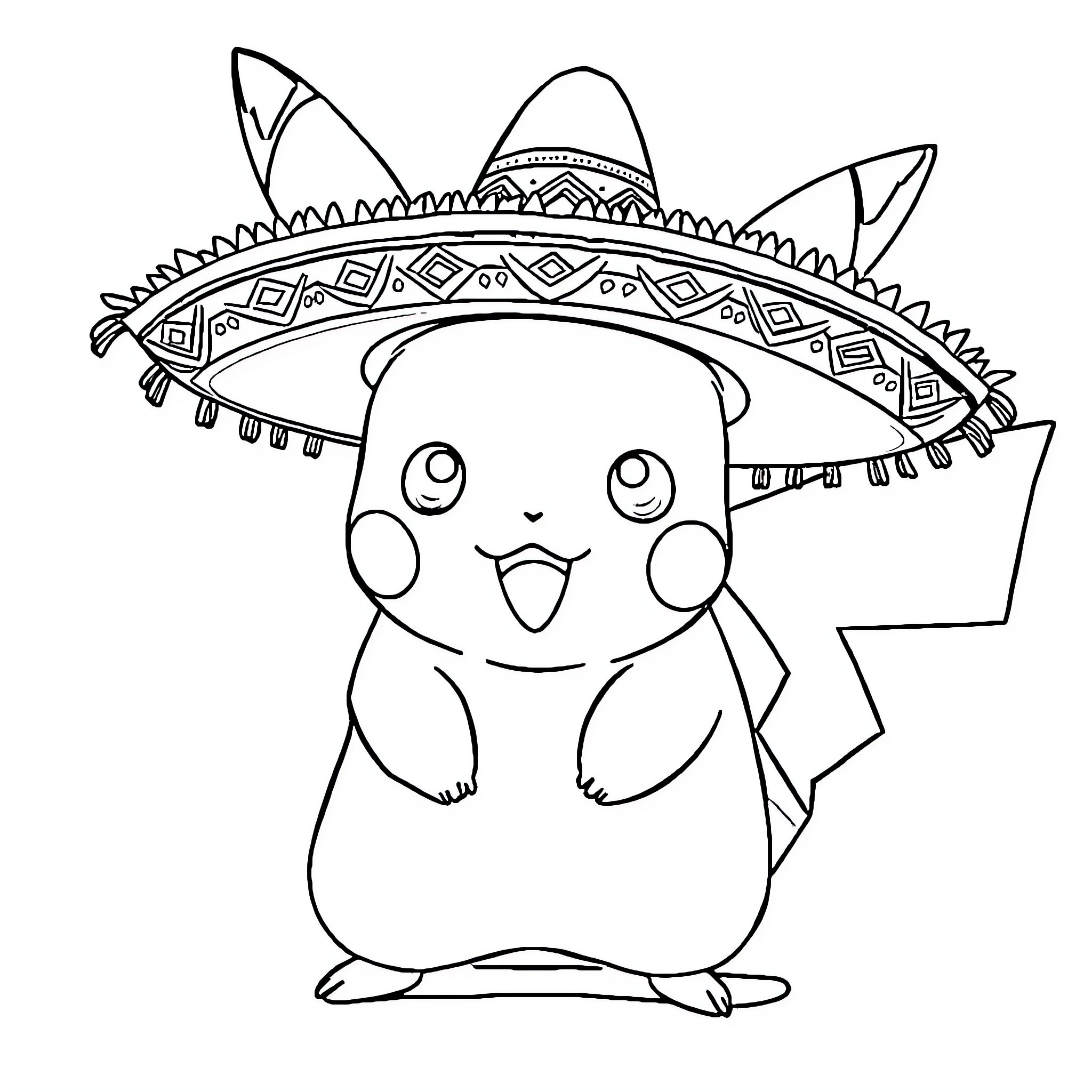 Pikachu wearing a sombrero Coloring Page (free black-and-white line drawing printable PDF for all, from beginners to advanced learners, including children, teens, adults, and seniors)