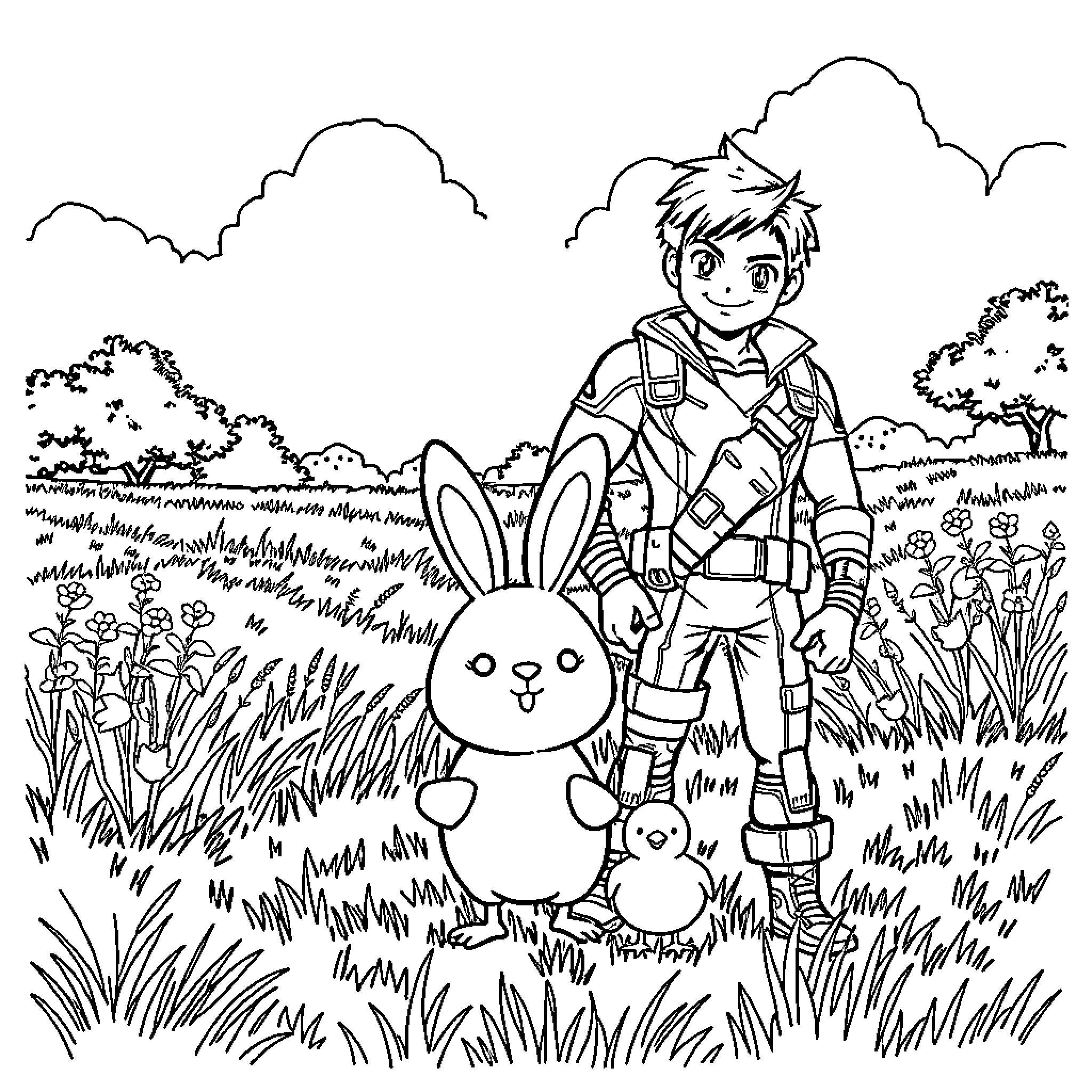 Bucky's Adventure with Friendly Rabbit in Nature Coloring Page (free black-and-white line drawing printable PDF for all, from beginners to advanced learners, including children, teens, adults, and seniors)