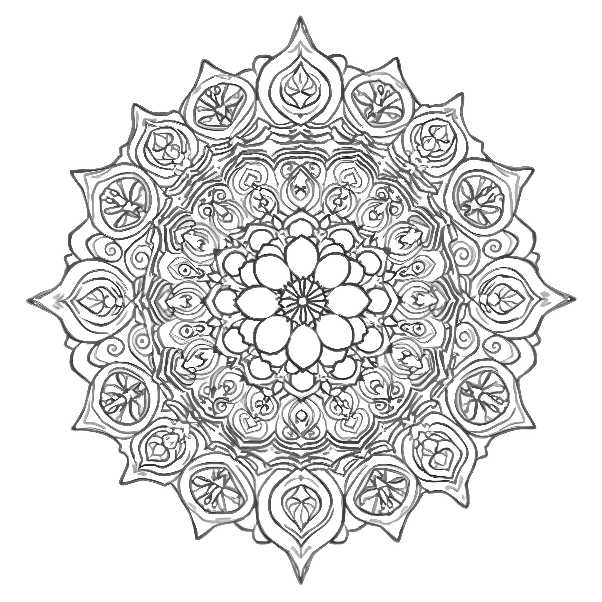 Mandala with intricate floral patterns and symmetrical design Coloring Page (free black-and-white line drawing printable PDF for all, from beginners to advanced learners, including children, teens, adults, and seniors)