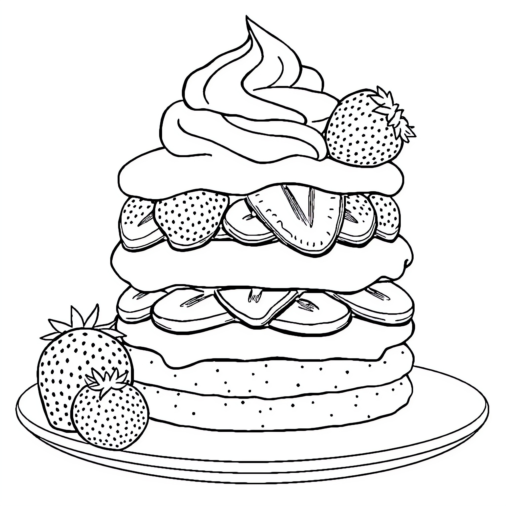 Strawberry Dessert with Delightful Layers Coloring Page (free black-and-white line drawing printable PDF for all, from beginners to advanced learners, including children, teens, adults, and seniors)