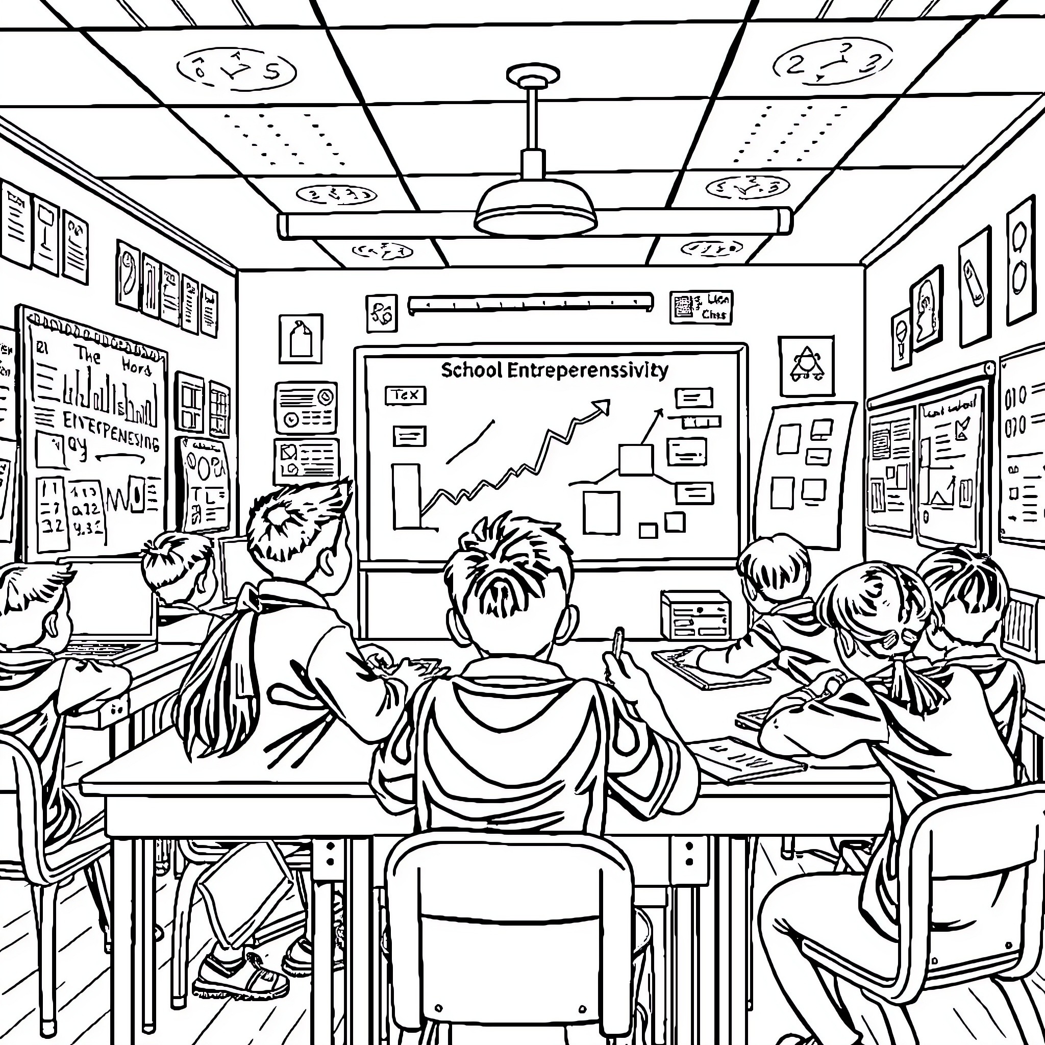 School Classroom Learning Entrepreneurship Concepts Coloring Page (free black-and-white line drawing printable PDF for all, from beginners to advanced learners, including children, teens, adults, and seniors)