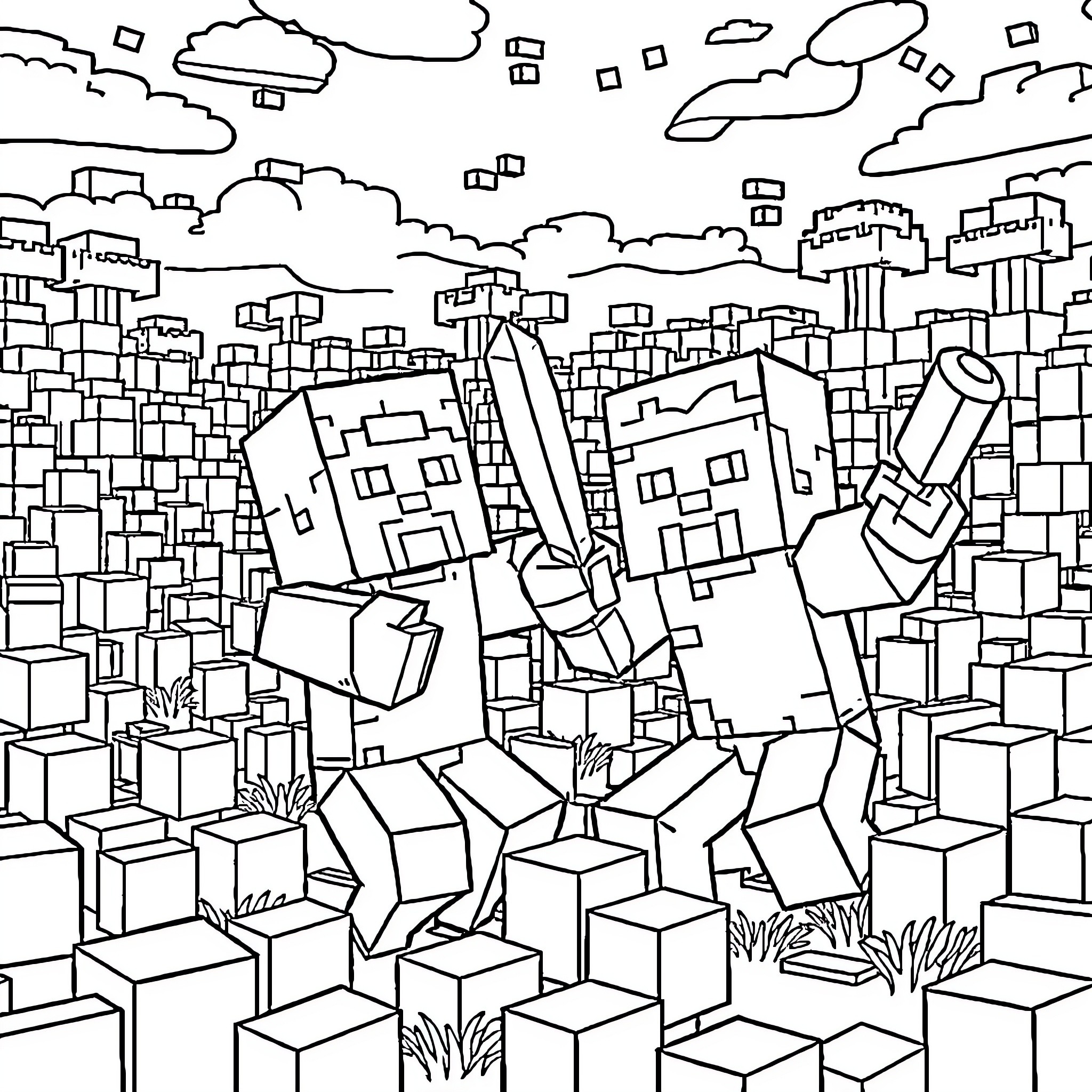 Minecraft Characters Fighting in a Dystopian City Coloring Page (free black-and-white line drawing printable PDF for all, from beginners to advanced learners, including children, teens, adults, and seniors)