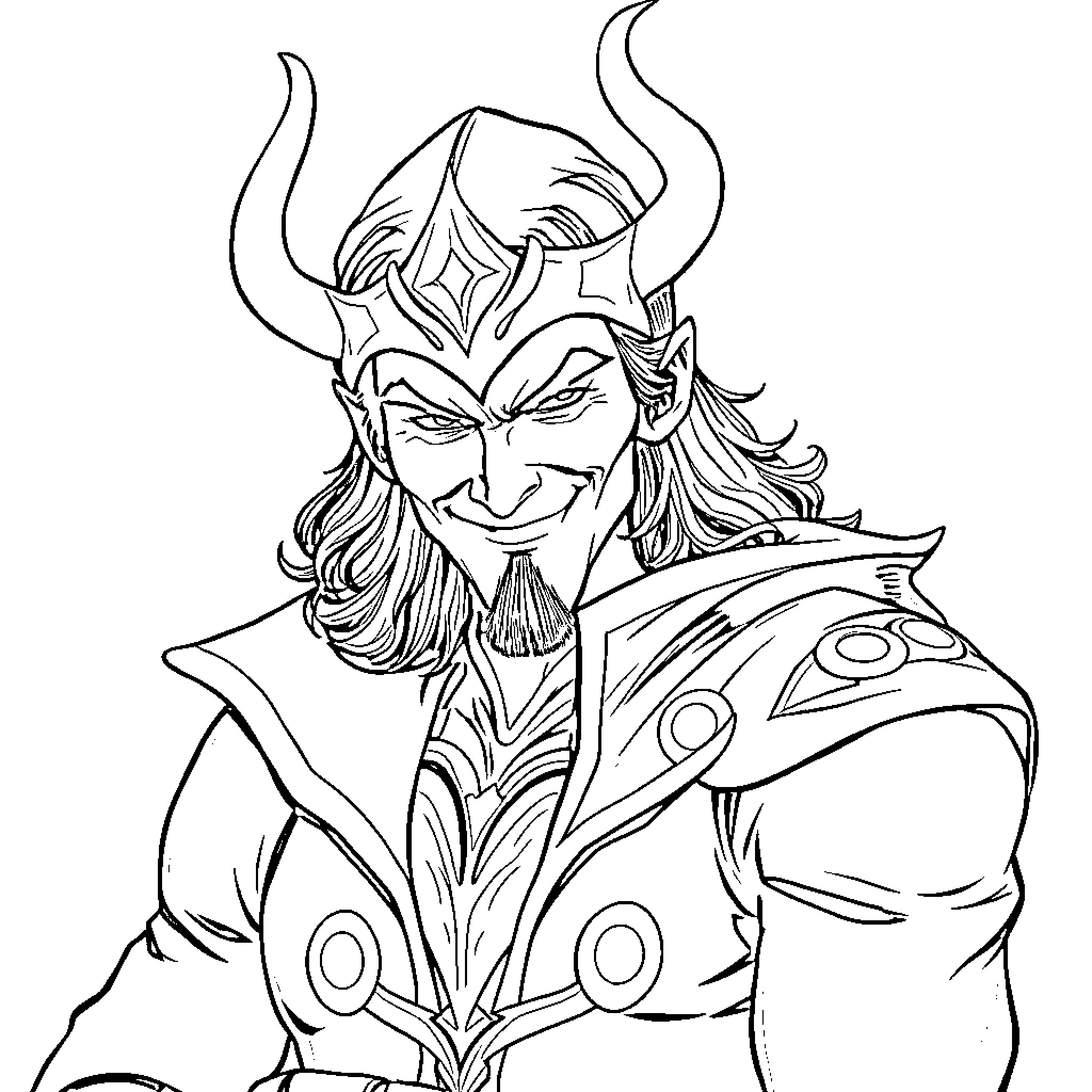 Loki, the mischievous Asgardian warrior, in a defiant pose Coloring Page (free black-and-white line drawing printable PDF for all, from beginners to advanced learners, including children, teens, adults, and seniors)