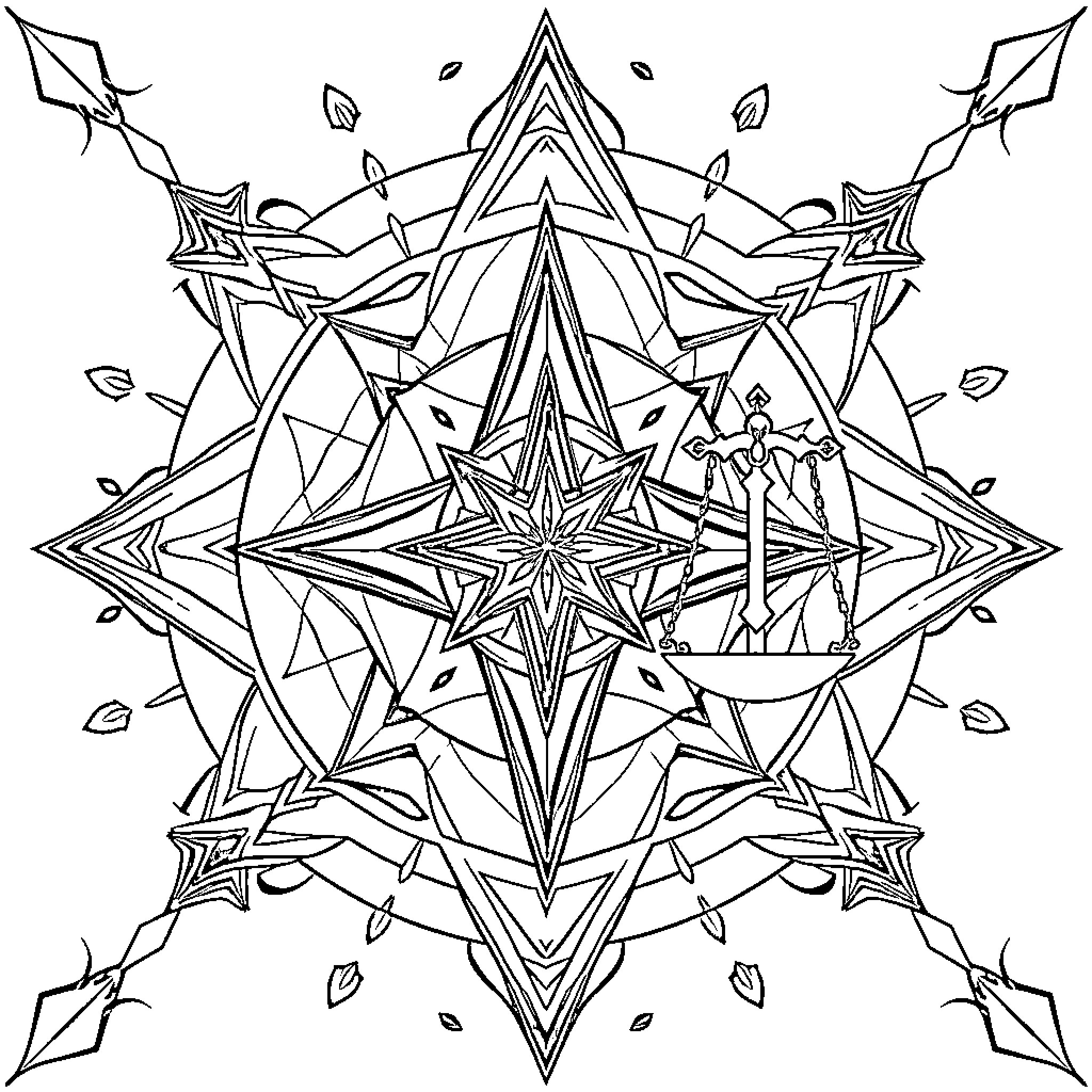 Geometry of intricate star-shaped patterns Coloring Page (free black-and-white line drawing printable PDF for all, from beginners to advanced learners, including children, teens, adults, and seniors)