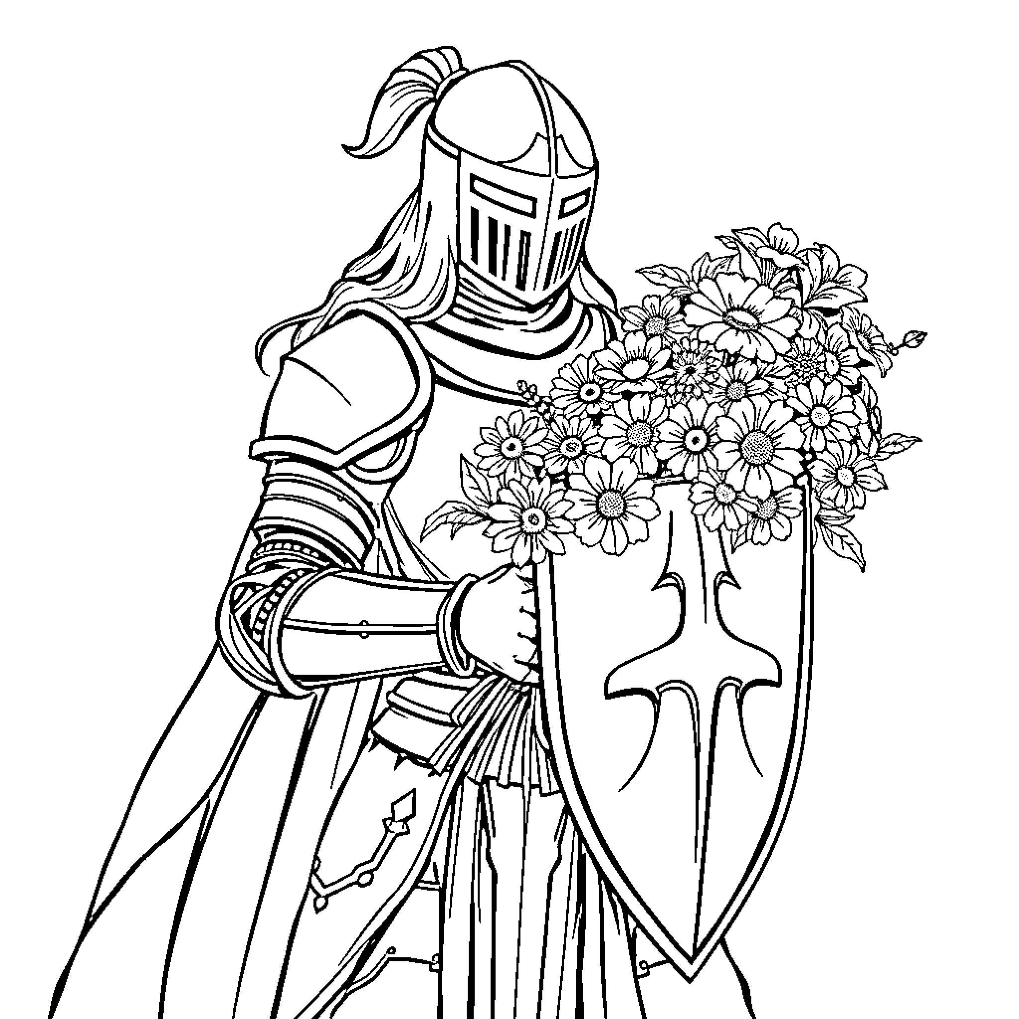 Lady Knight with Floral Bouquet Coloring Page (free black-and-white line drawing printable PDF for all, from beginners to advanced learners, including children, teens, adults, and seniors)
