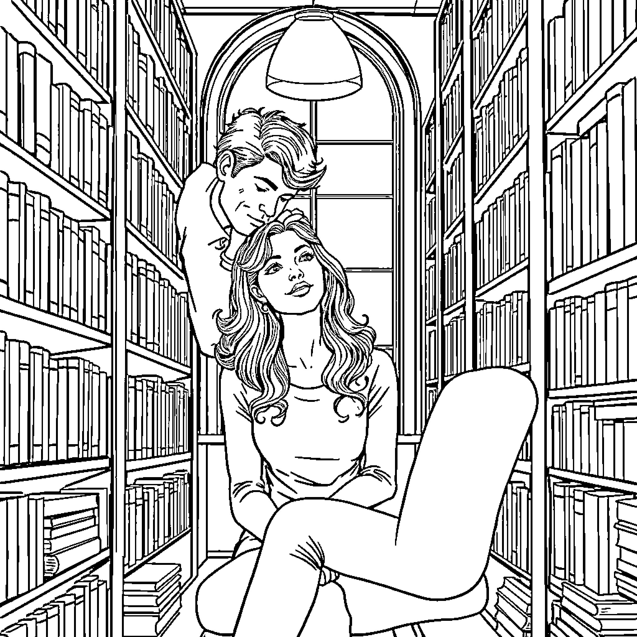Woman in a quiet library moment Coloring Page (free black-and-white line drawing printable PDF for all, from beginners to advanced learners, including children, teens, adults, and seniors)