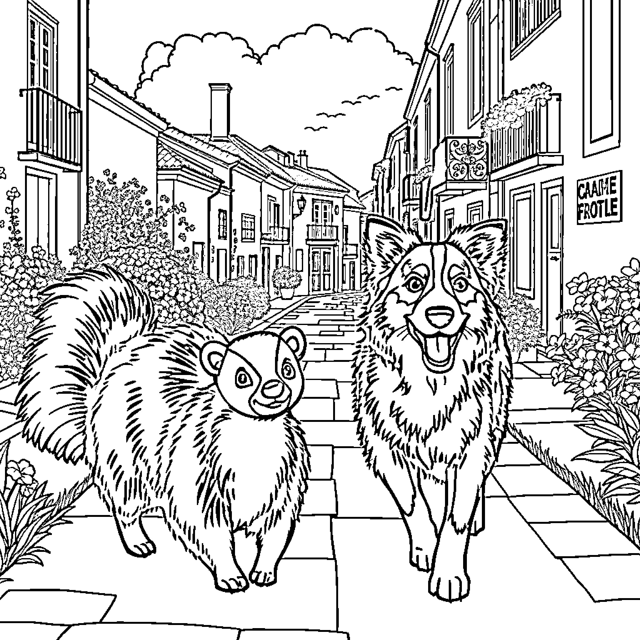 Skunk and fox enjoying a stroll through a quaint town Coloring Page (free black-and-white line drawing printable PDF for all, from beginners to advanced learners, including children, teens, adults, and seniors)