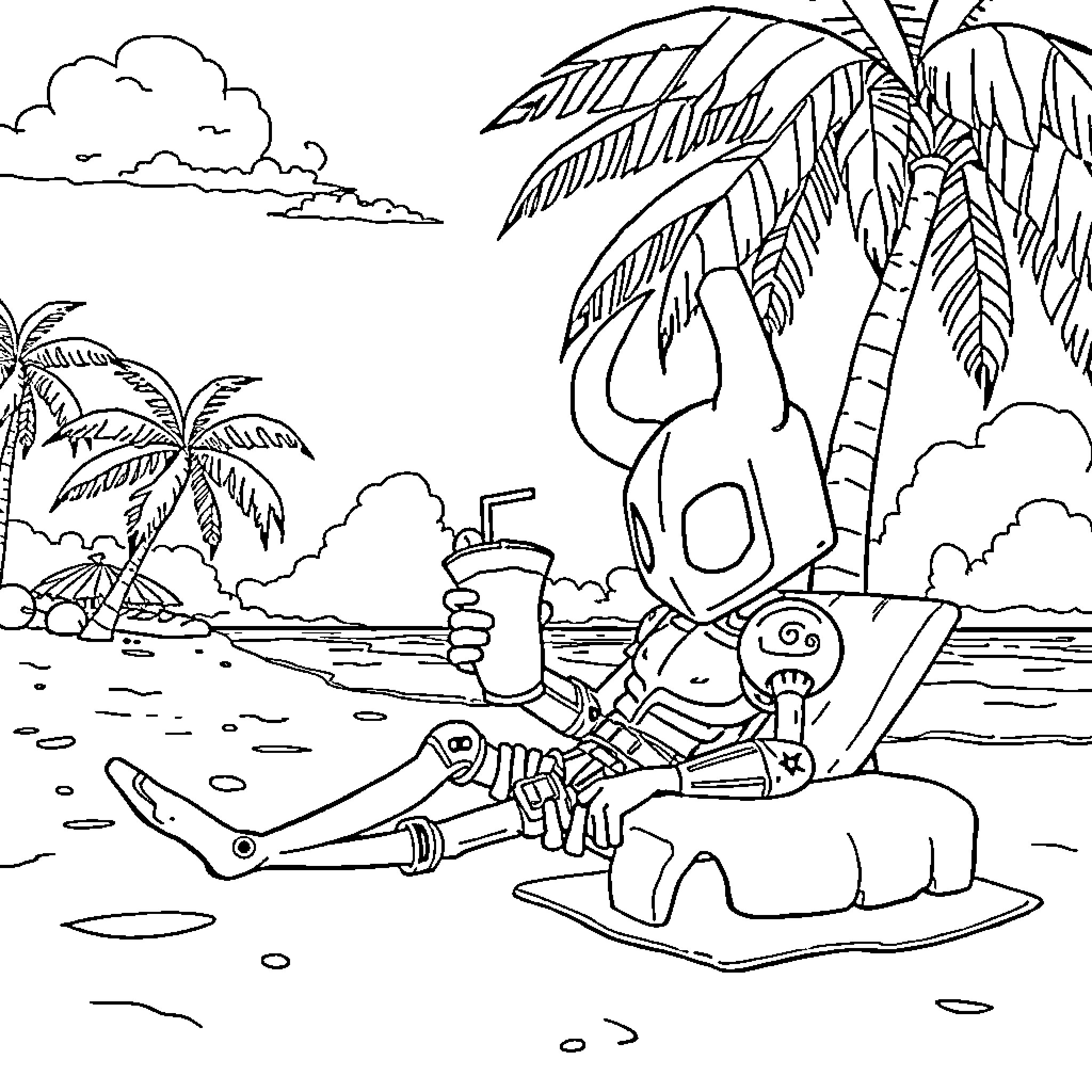Hollow Knight on a tropical beach adventure Coloring Page (free black-and-white line drawing printable PDF for all, from beginners to advanced learners, including children, teens, adults, and seniors)