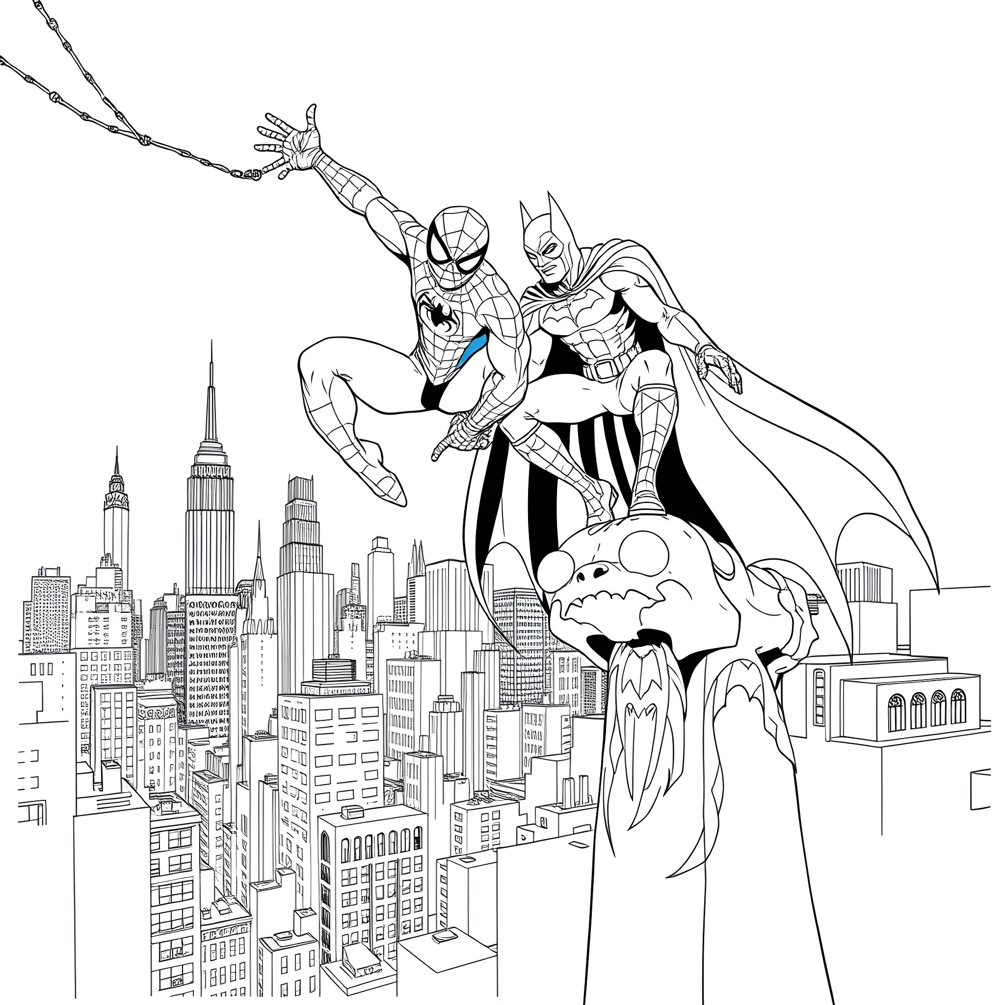 Spiderman and Batman heroically saving the city Coloring Page (free black-and-white line drawing printable PDF for all, from beginners to advanced learners, including children, teens, adults, and seniors)