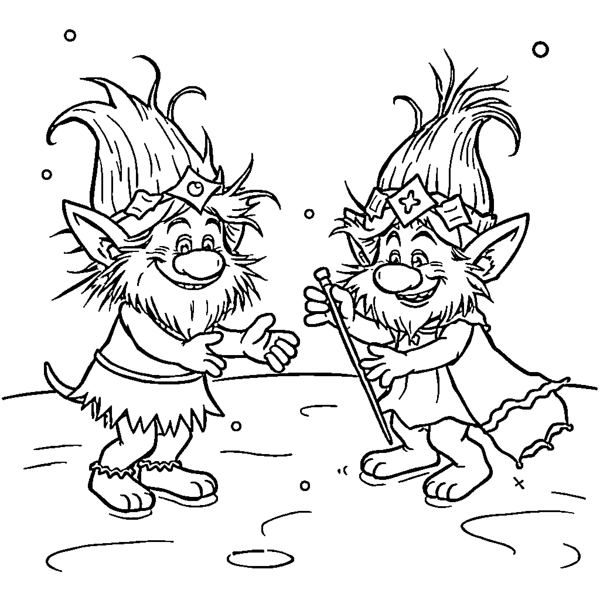 Troll Creatures Playing in the Snow Coloring Page (free black-and-white line drawing printable PDF for all, from beginners to advanced learners, including children, teens, adults, and seniors)