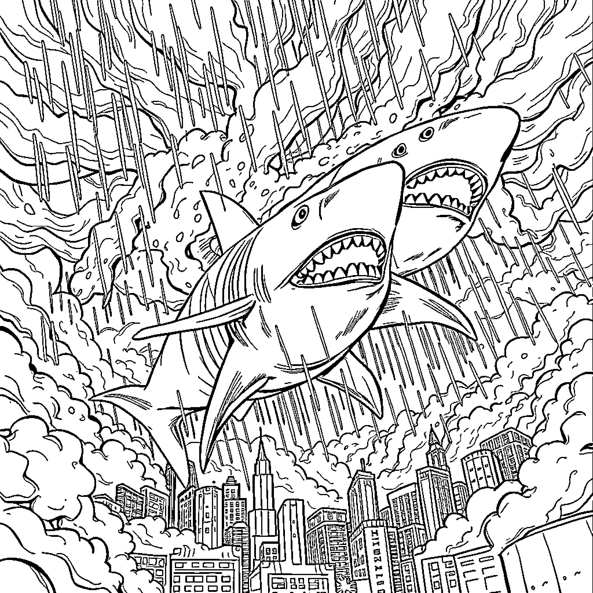 Shark attacking through the city skyline Coloring Page (free black-and-white line drawing printable PDF for all, from beginners to advanced learners, including children, teens, adults, and seniors)