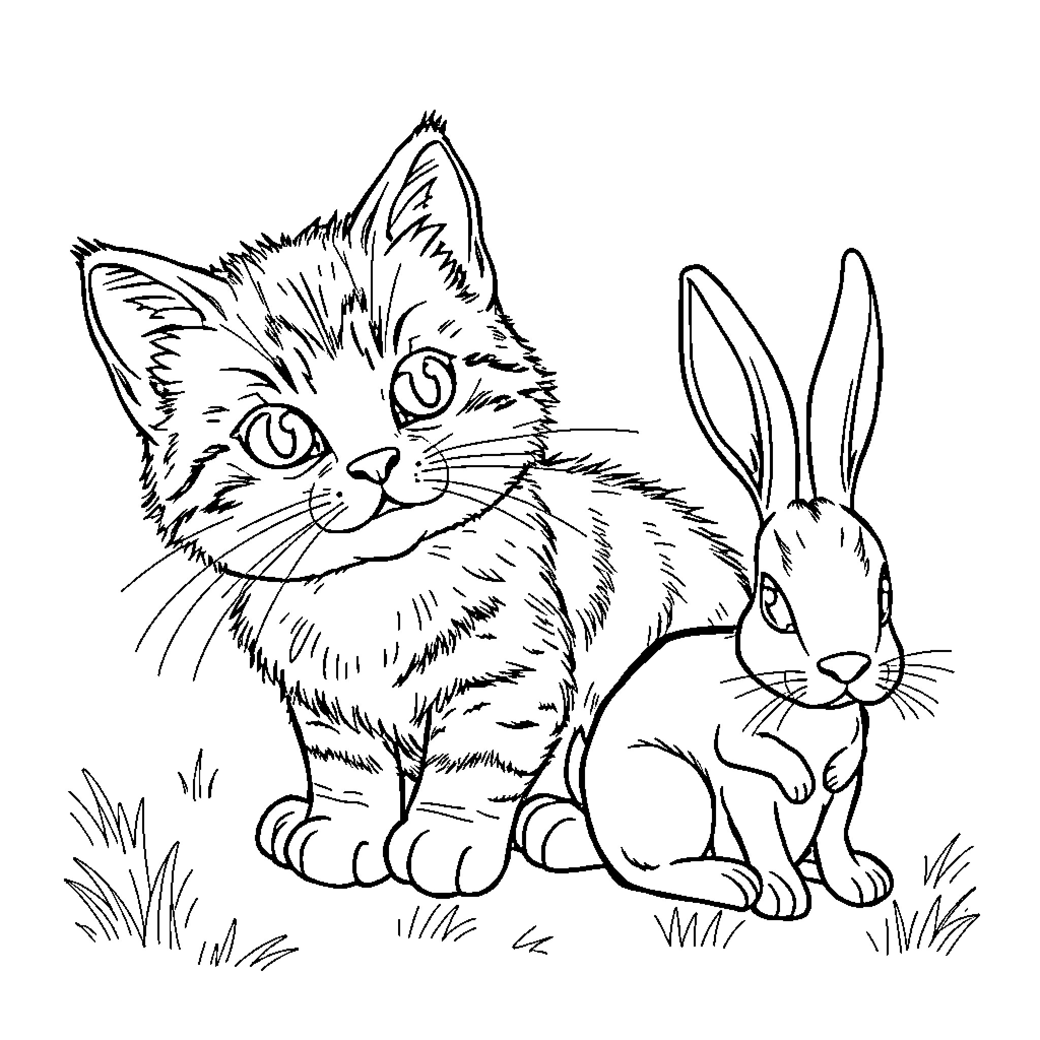 Cat and Rabbit in Grassy Scene Coloring Page (free black-and-white line drawing printable PDF for all, from beginners to advanced learners, including children, teens, adults, and seniors)