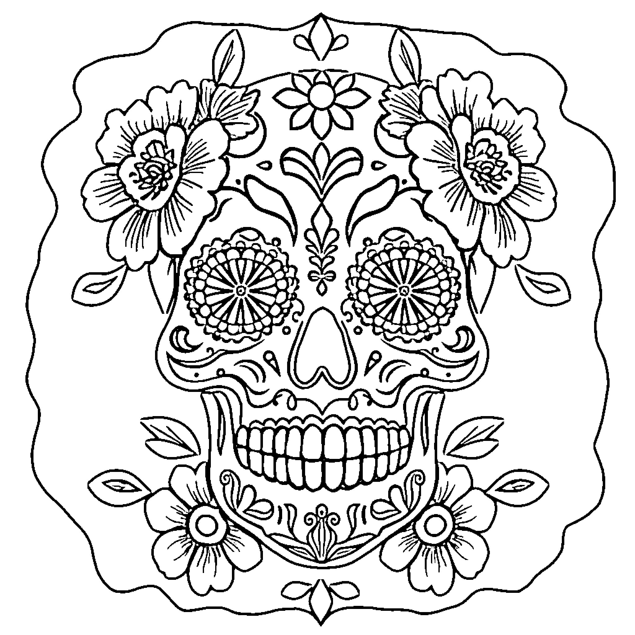 Sugar Skull with Ornate Floral Designs Coloring Page (free black-and-white line drawing printable PDF for all, from beginners to advanced learners, including children, teens, adults, and seniors)