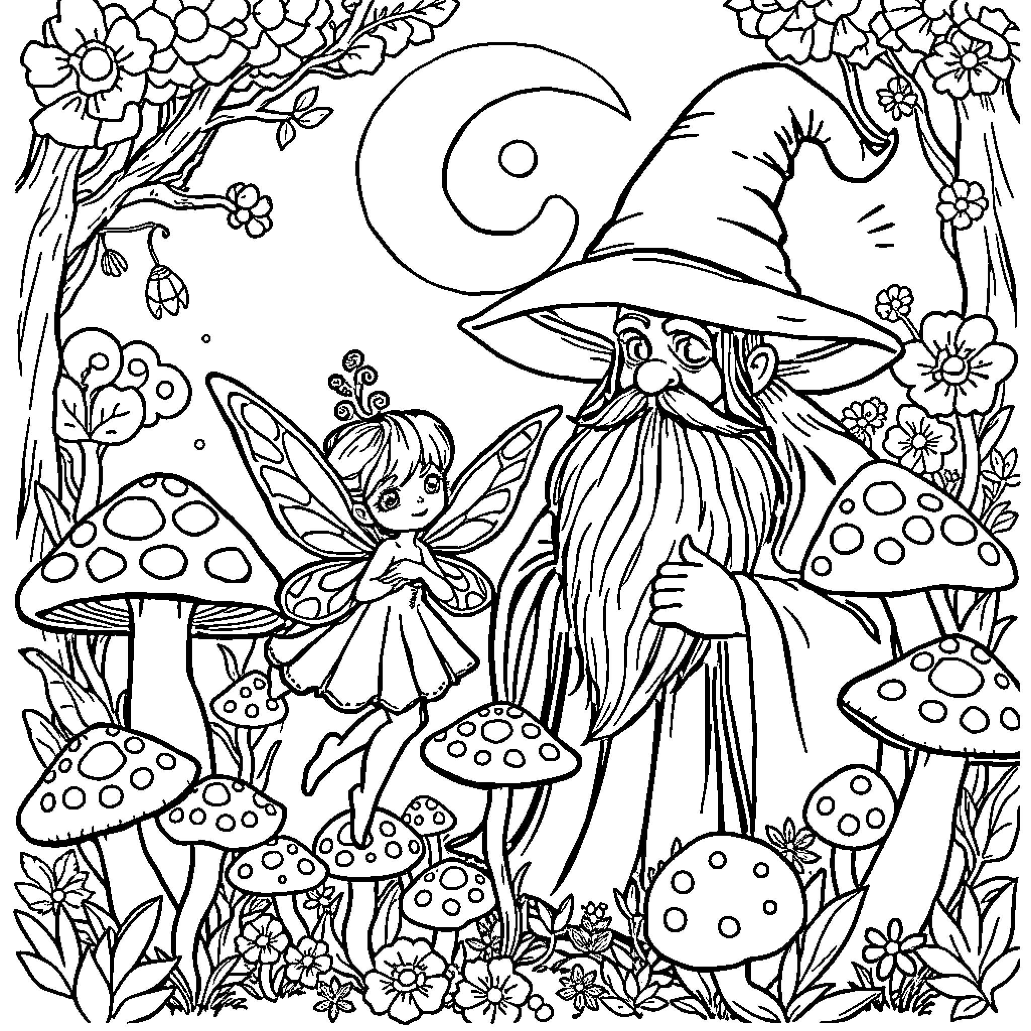 Fairy Creatures in Enchanted Mushroom Forest Coloring Page (free black-and-white line drawing printable PDF for all, from beginners to advanced learners, including children, teens, adults, and seniors)