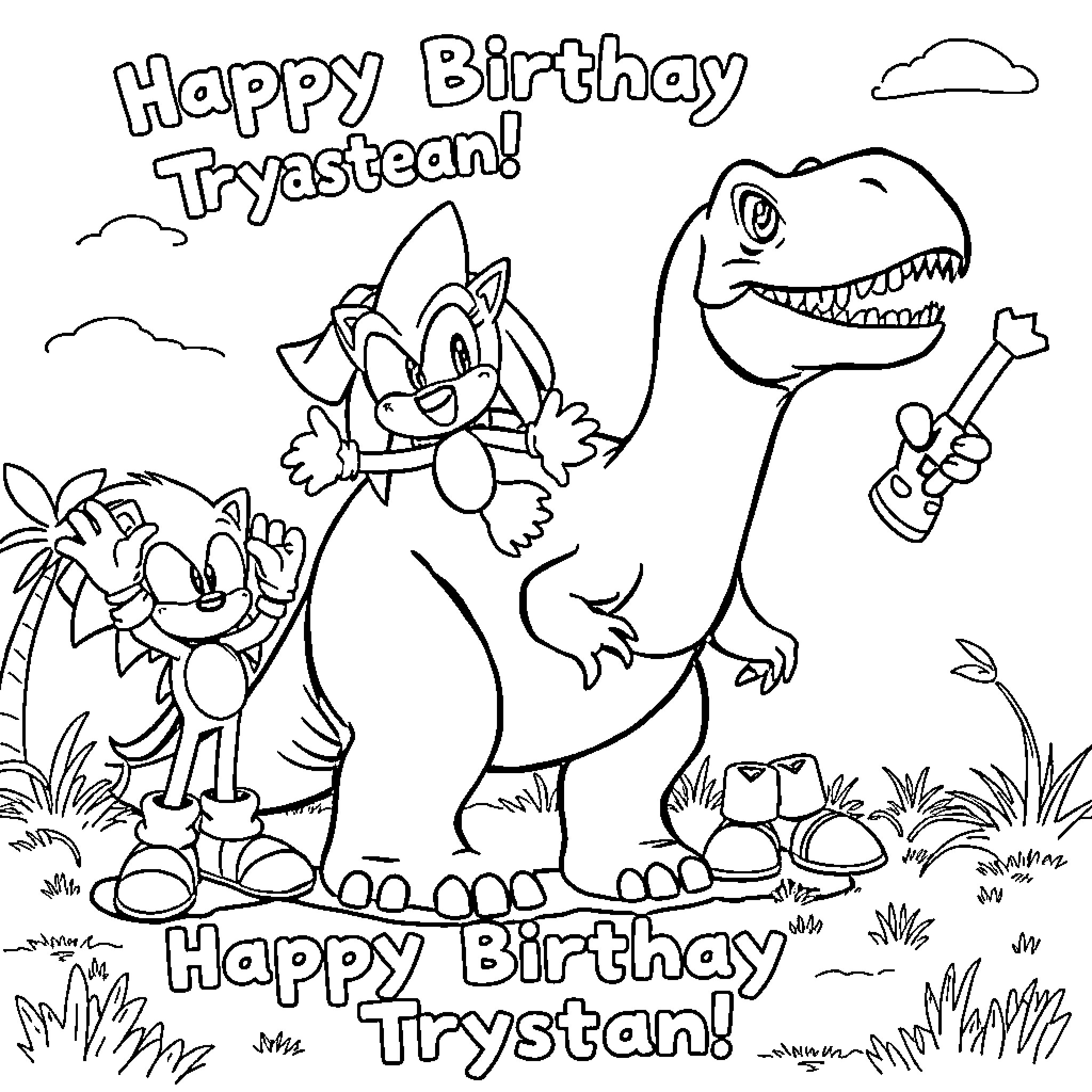 Brachiosaurus celebrating Happy Birthday with friends Coloring Page (free black-and-white line drawing printable PDF for all, from beginners to advanced learners, including children, teens, adults, and seniors)