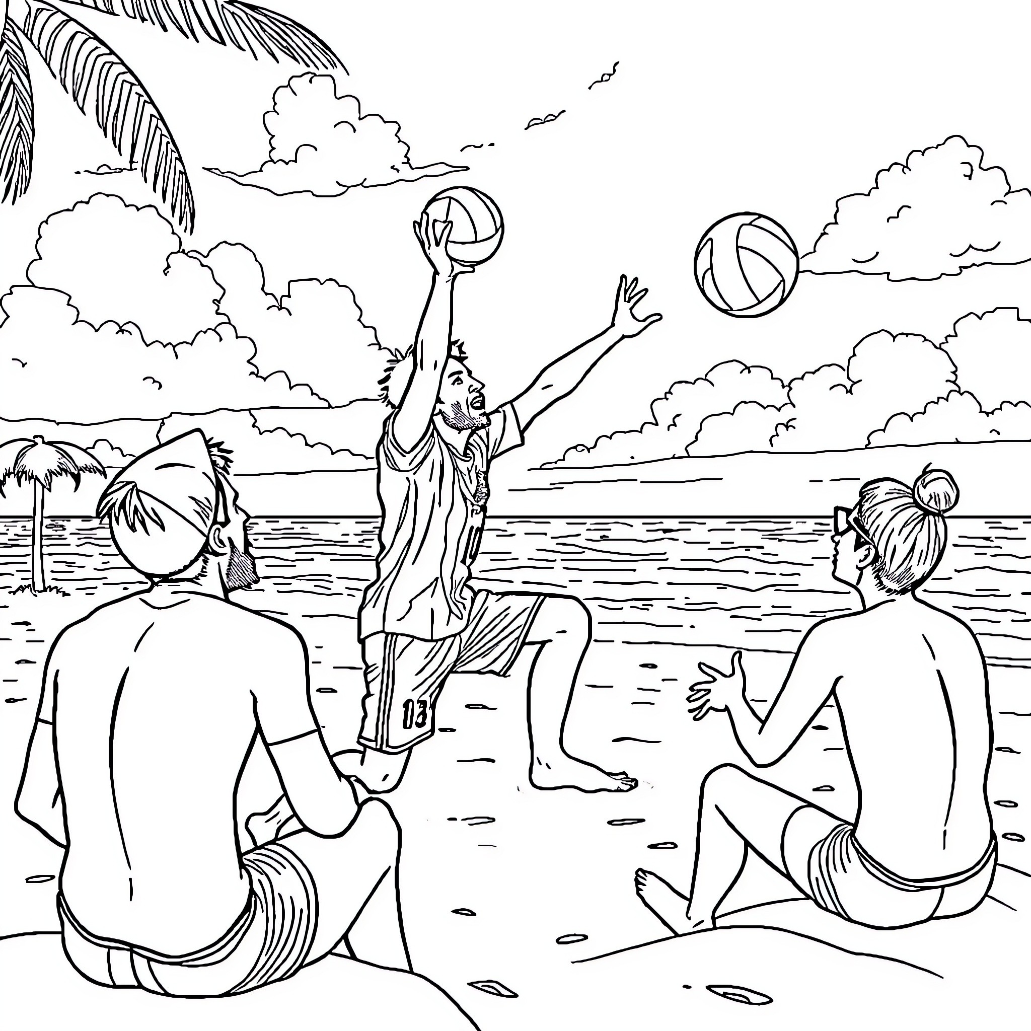Messi playing volleyball with friends on the beach Coloring Page (free black-and-white line drawing printable PDF for all, from beginners to advanced learners, including children, teens, adults, and seniors)