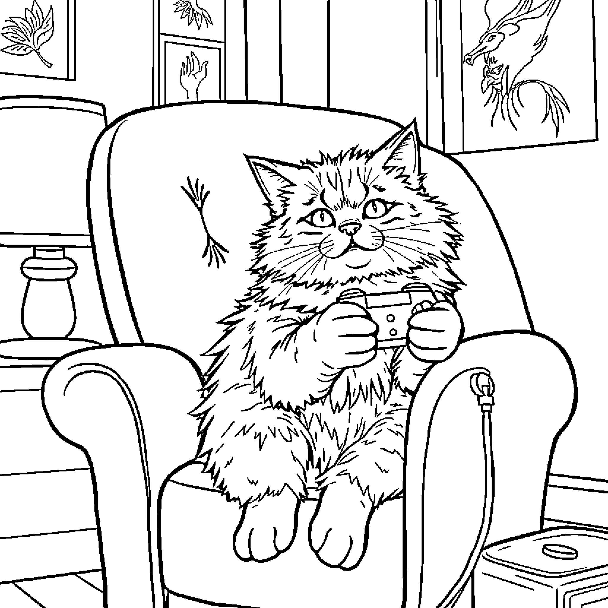 Cat relaxing and using a mobile device indoors Coloring Page (free black-and-white line drawing printable PDF for all, from beginners to advanced learners, including children, teens, adults, and seniors)