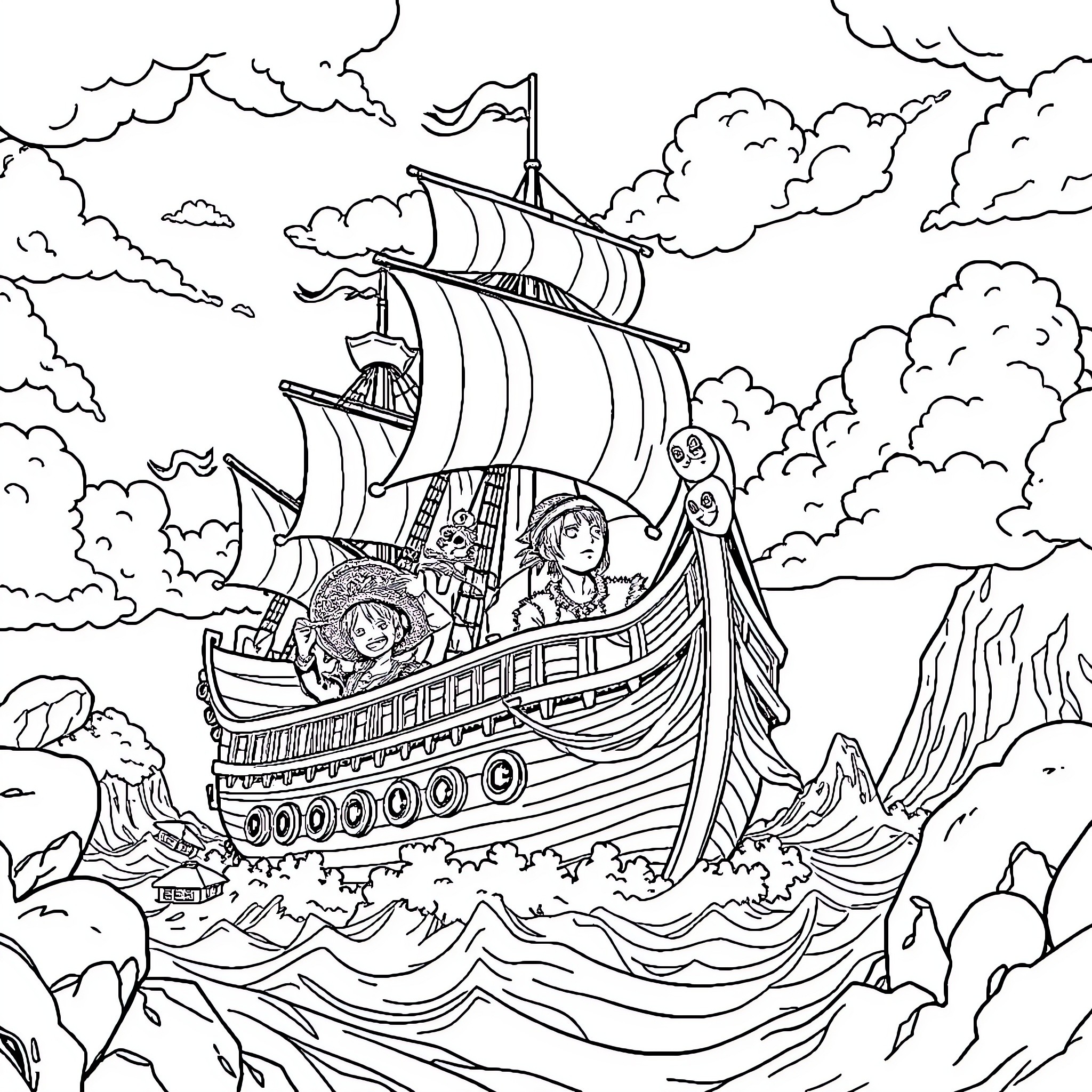 Anime ship sailing across the stormy sea Coloring Page (free black-and-white line drawing printable PDF for all, from beginners to advanced learners, including children, teens, adults, and seniors)