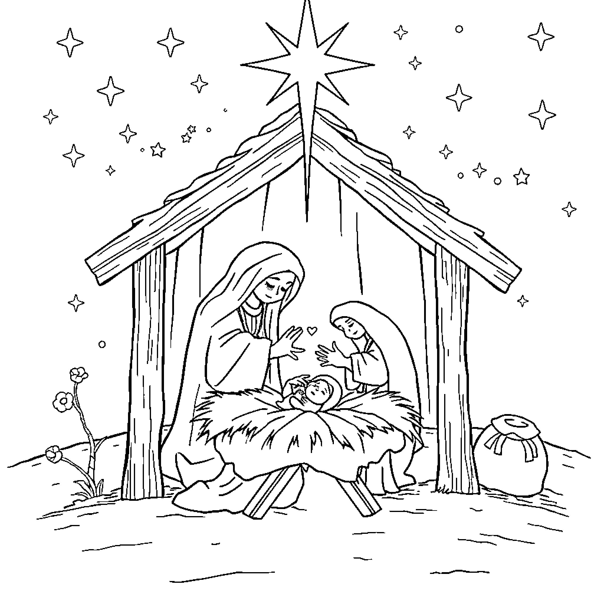Jesus Christ's Nativity Scene with the Holy Family Coloring Page (free black-and-white line drawing printable PDF for all, from beginners to advanced learners, including children, teens, adults, and seniors)