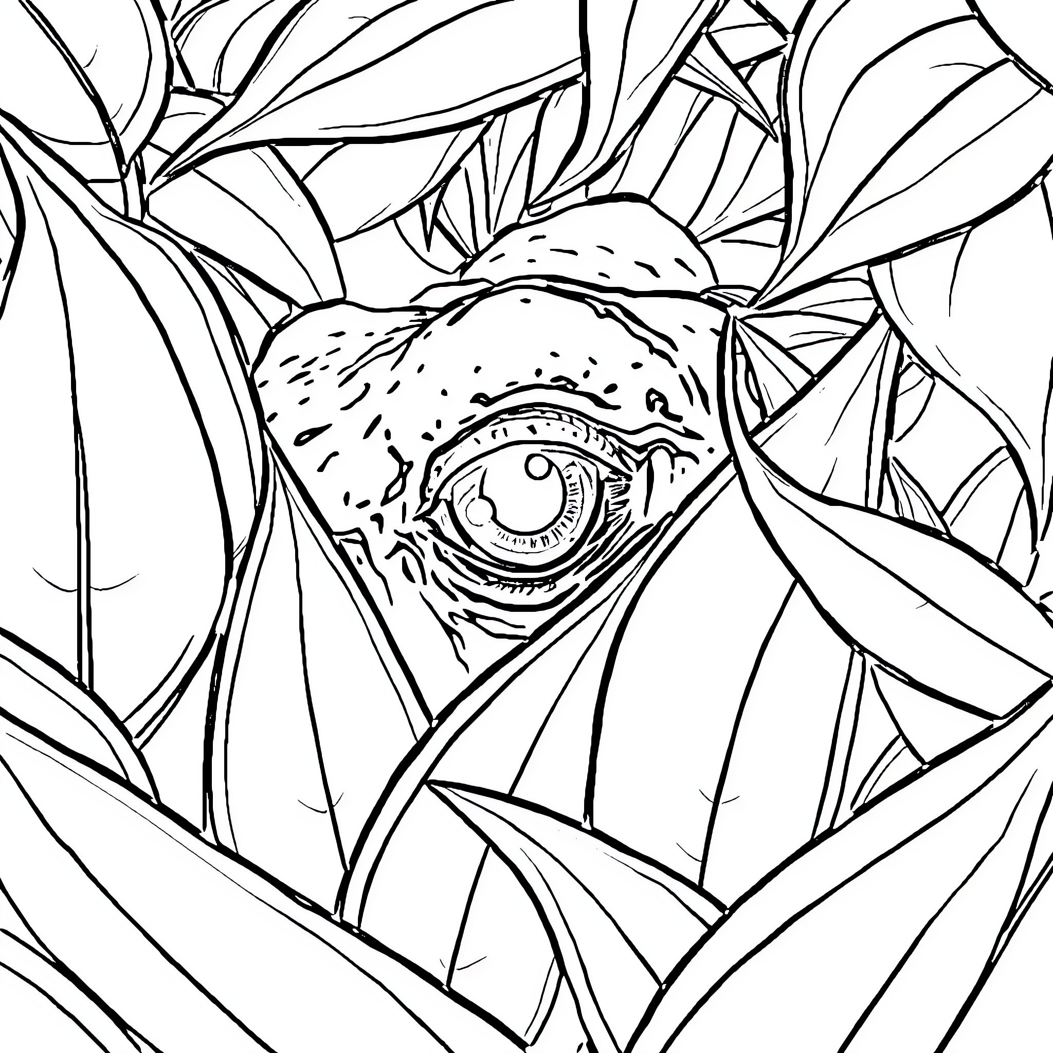Dinosaur eye peering through leaves Coloring Page (free black-and-white line drawing printable PDF for all, from beginners to advanced learners, including children, teens, adults, and seniors)