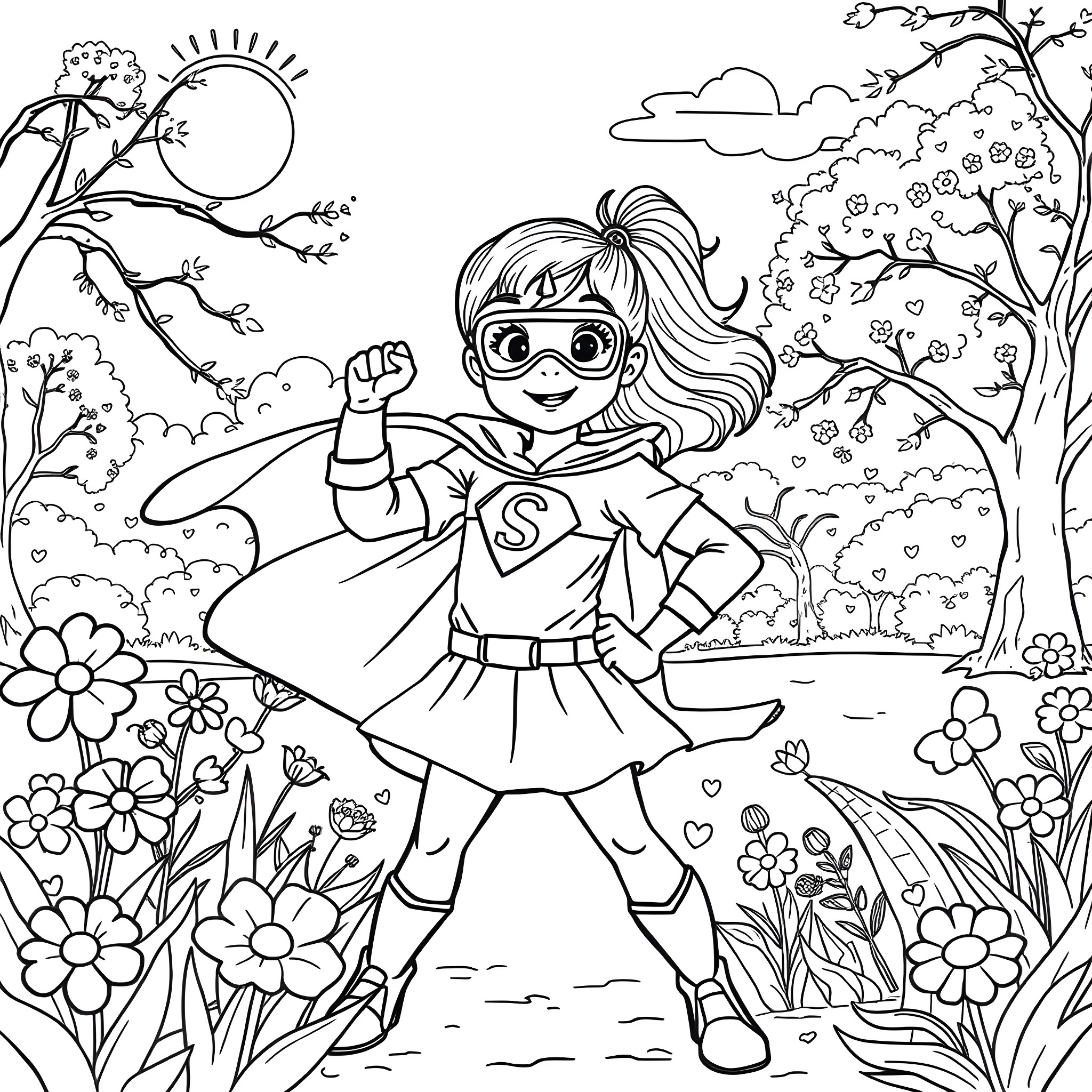 Superheroine in Flower-Filled Field Coloring Page (free black-and-white line drawing printable PDF for all, from beginners to advanced learners, including children, teens, adults, and seniors)