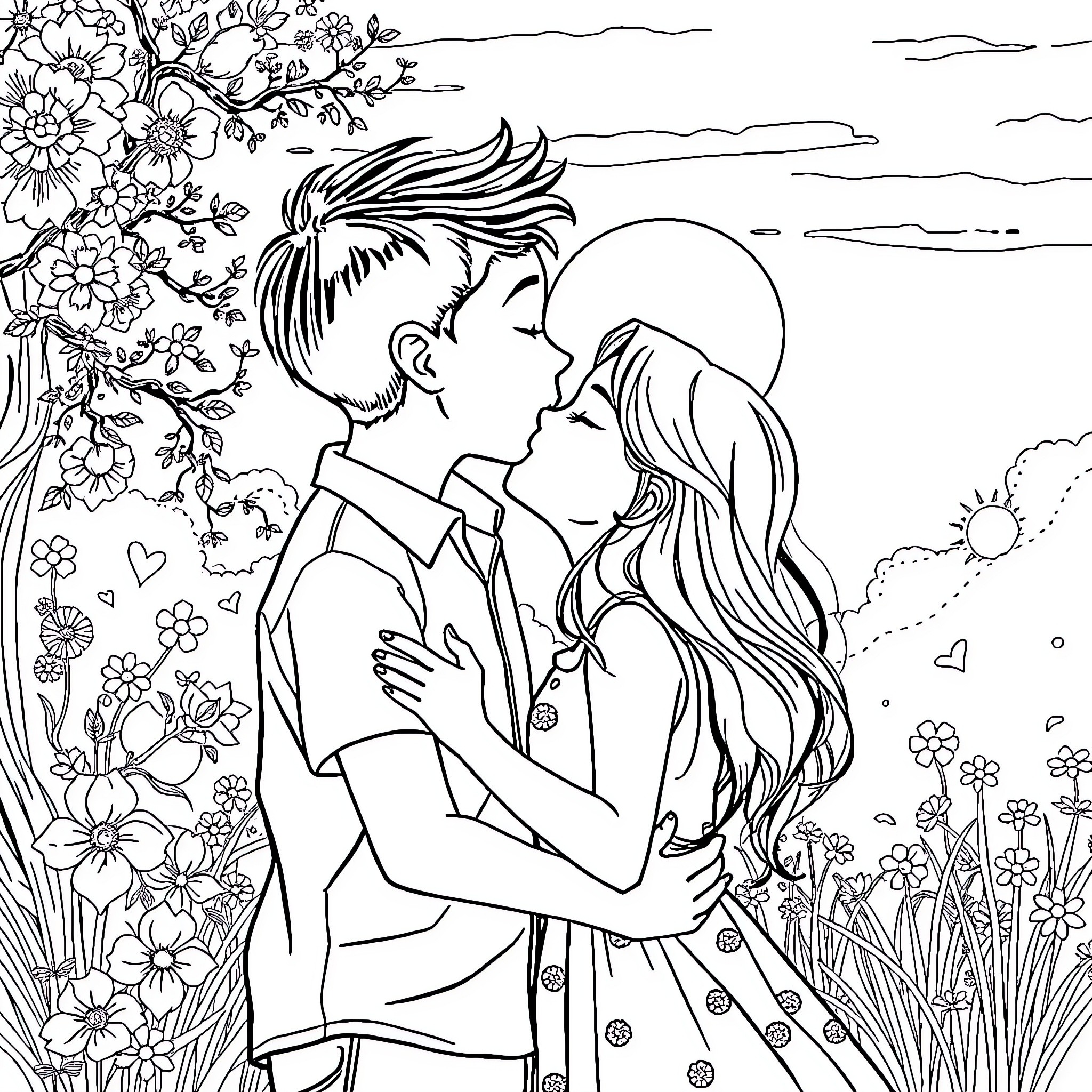 Boy and girl embracing in floral field Coloring Page (free black-and-white line drawing printable PDF for all, from beginners to advanced learners, including children, teens, adults, and seniors)