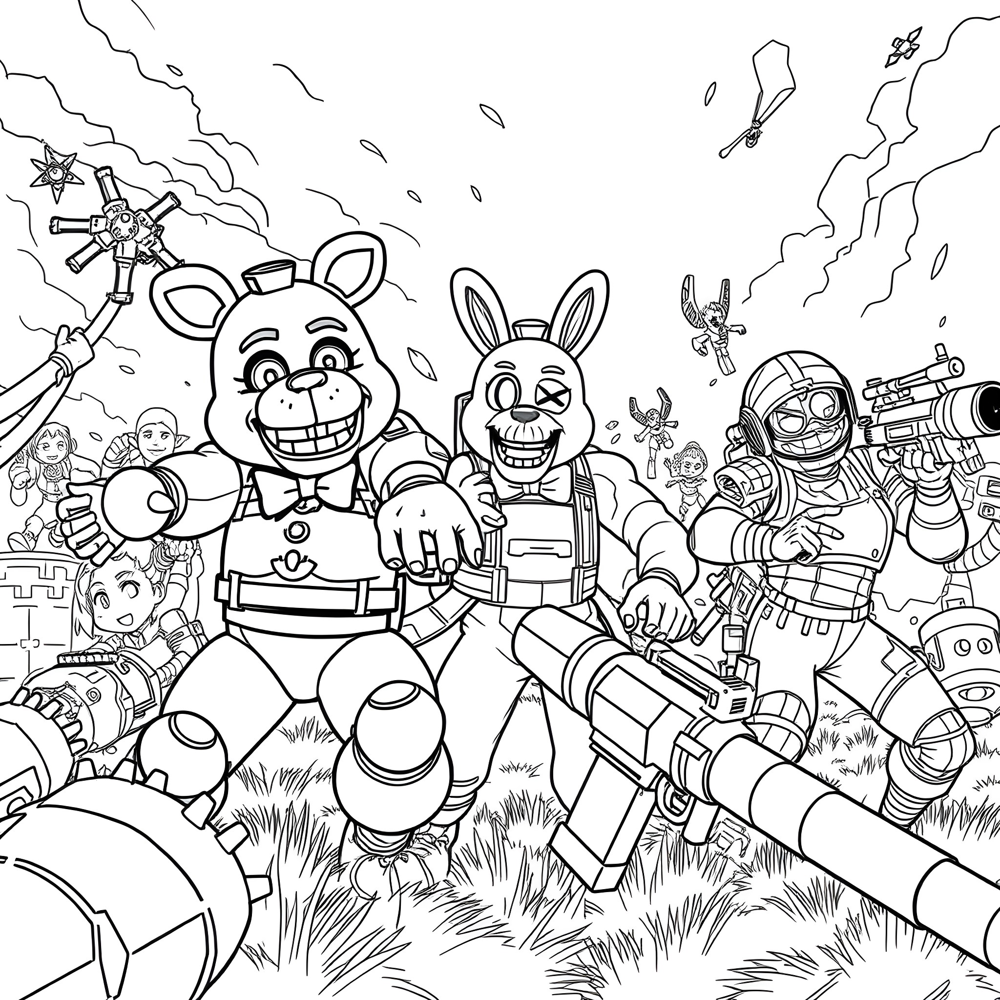 FNAF Animatronics Gathering in a Chaotic Scene Coloring Page (free black-and-white line drawing printable PDF for all, from beginners to advanced learners, including children, teens, adults, and seniors)