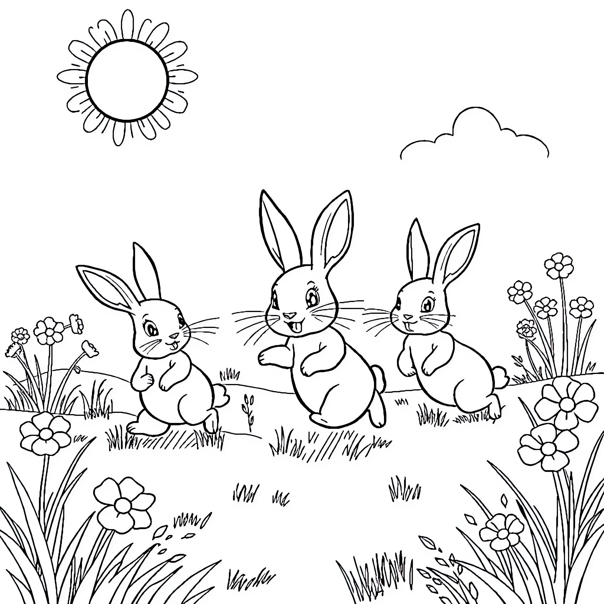 Rabbits Frolicking in a Flowery Meadow Coloring Page (free black-and-white line drawing printable PDF for all, from beginners to advanced learners, including children, teens, adults, and seniors)