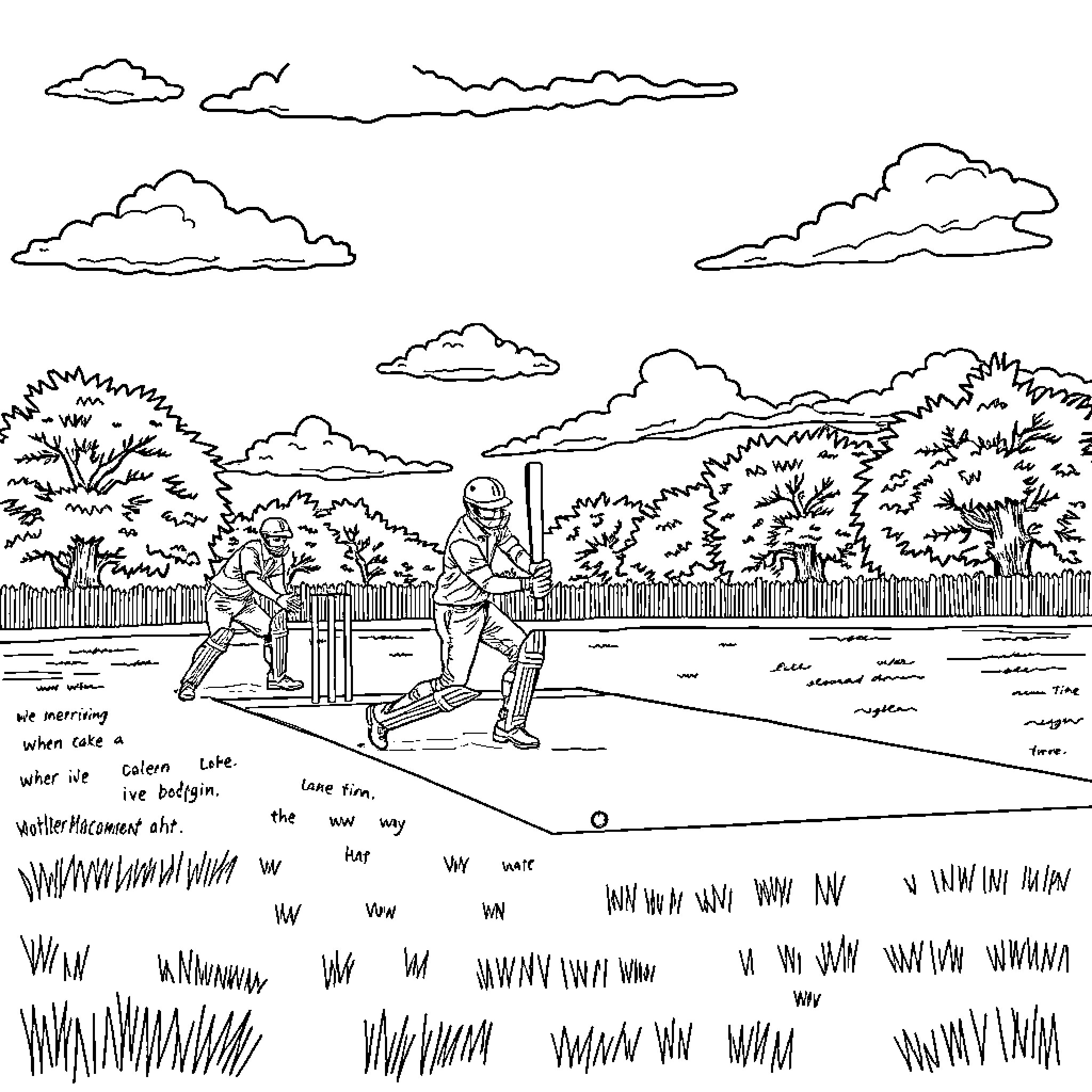 Line of people running on a path Coloring Page (free black-and-white line drawing printable PDF for all, from beginners to advanced learners, including children, teens, adults, and seniors)