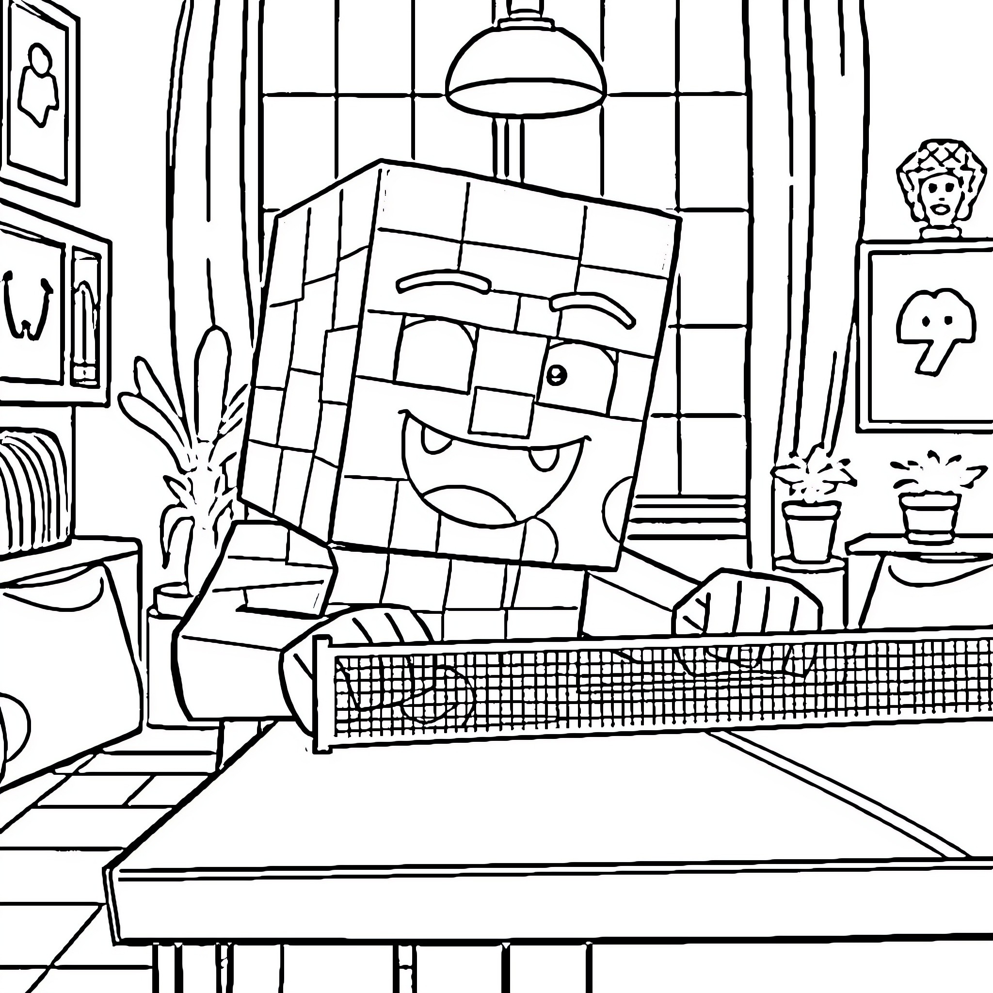 Creeper Finds Comfort in Cozy Domestic Scene Coloring Page (free black-and-white line drawing printable PDF for all, from beginners to advanced learners, including children, teens, adults, and seniors)