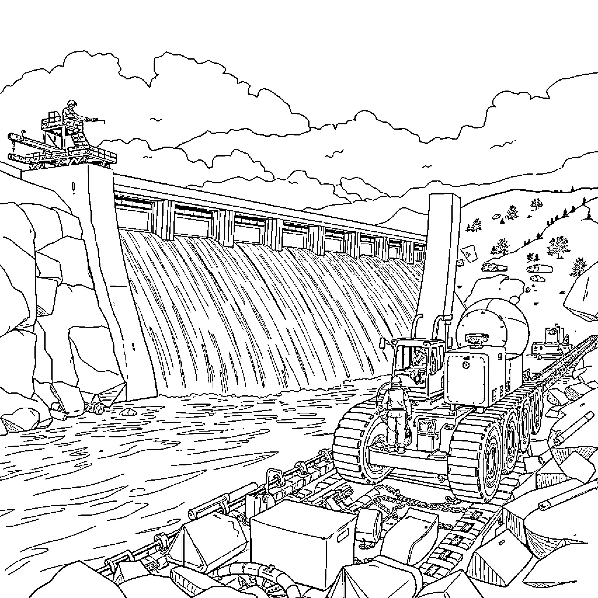 Dam Construction Site with Machinery in Operation Coloring Page (free black-and-white line drawing printable PDF for all, from beginners to advanced learners, including children, teens, adults, and seniors)