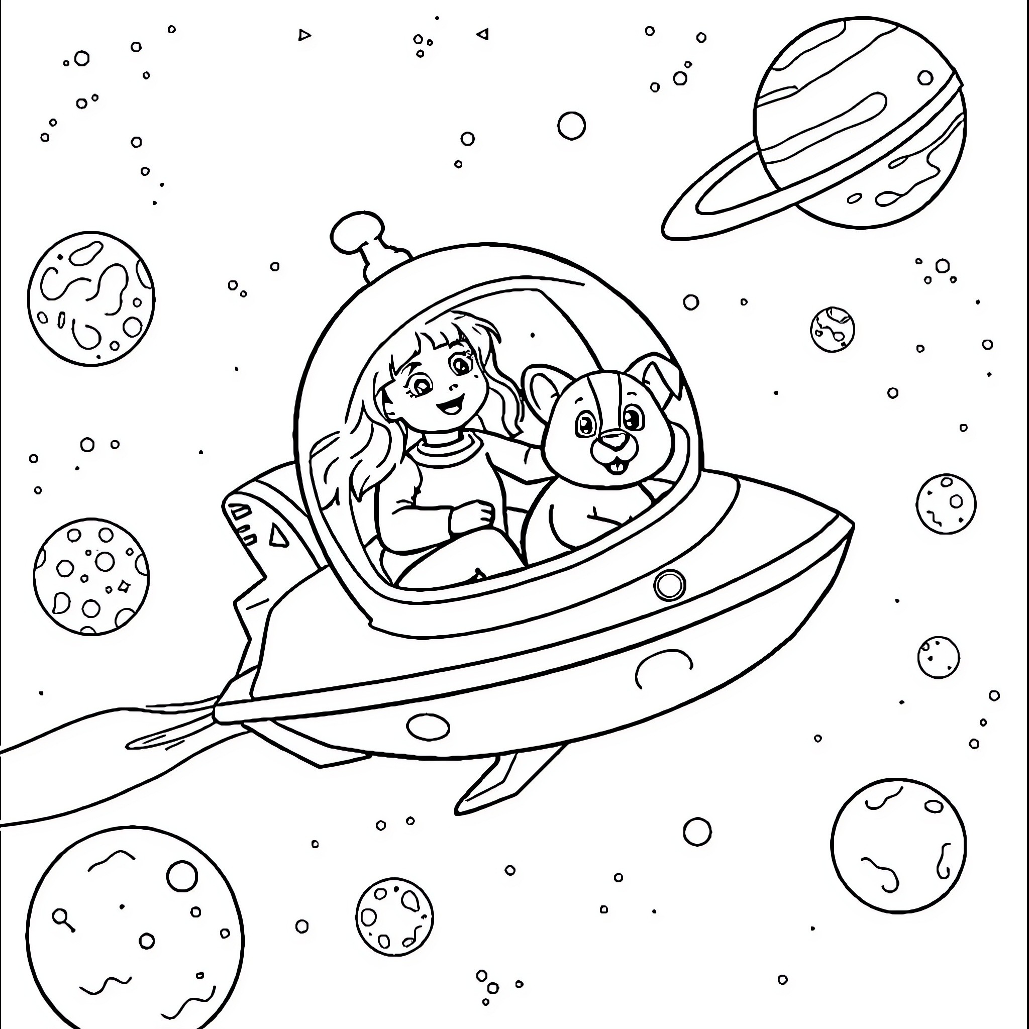 Pet aliens exploring space in a flying saucer Coloring Page (free black-and-white line drawing printable PDF for all, from beginners to advanced learners, including children, teens, adults, and seniors)