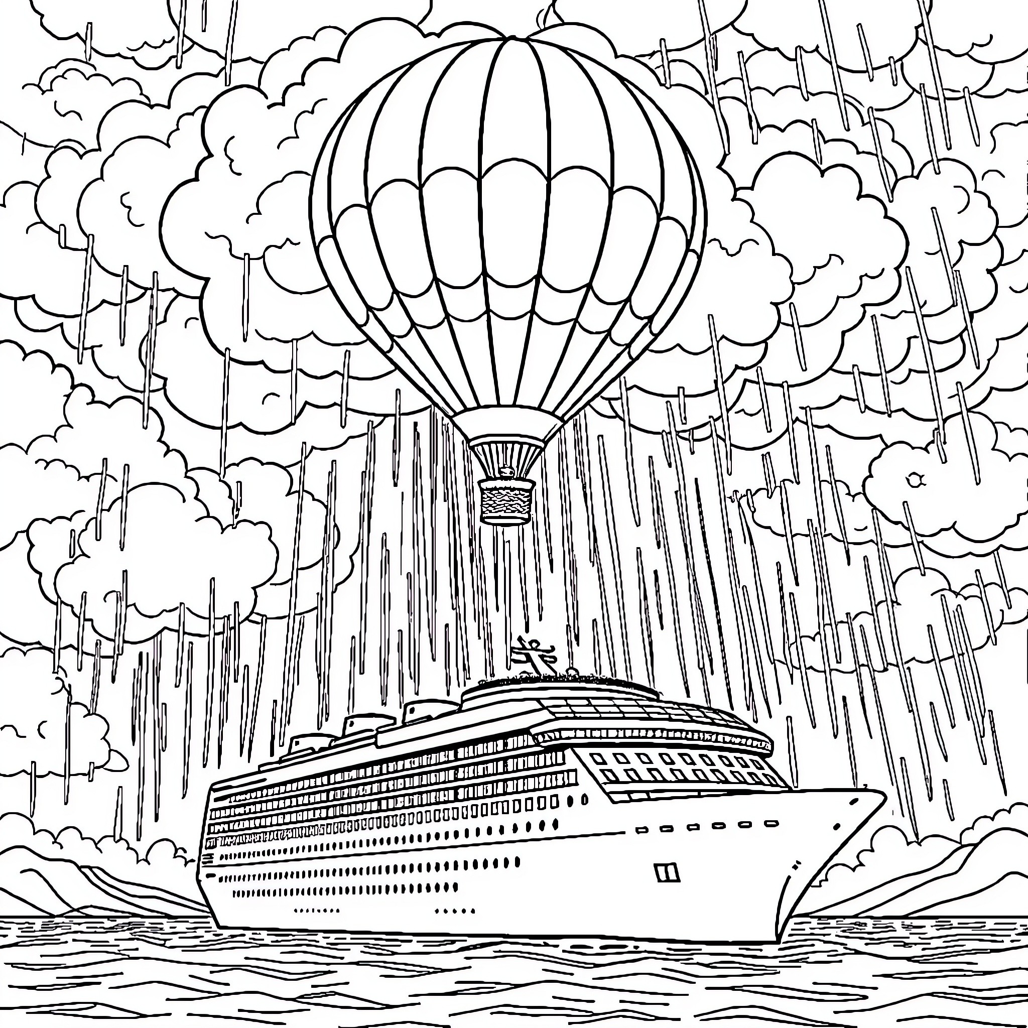 Hot Air Balloon Sailing Above Cruise Ship Coloring Page (free black-and-white line drawing printable PDF for all, from beginners to advanced learners, including children, teens, adults, and seniors)