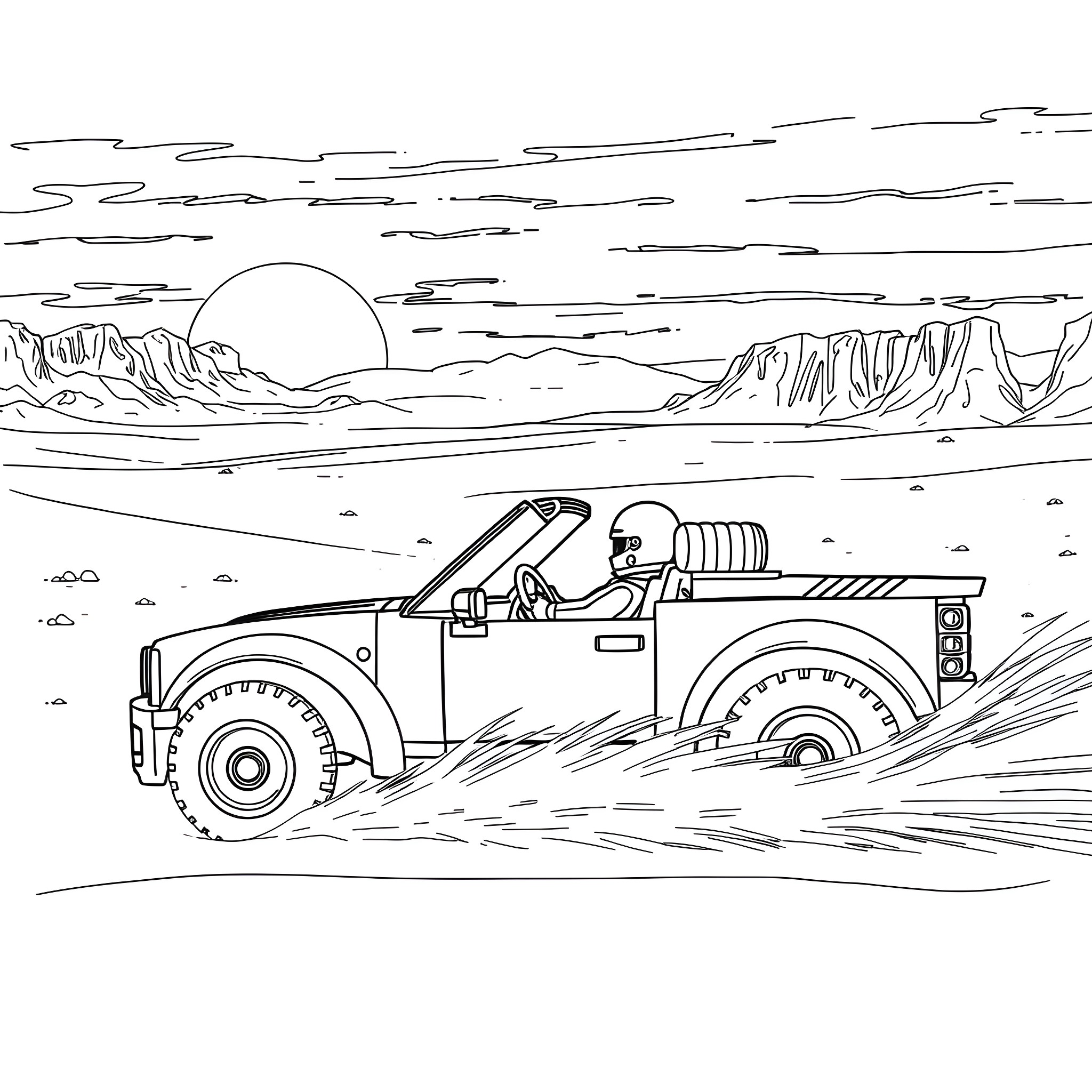 Lego Convertible Race Car speeding through arid desert landscape Coloring Page (free black-and-white line drawing printable PDF for all, from beginners to advanced learners, including children, teens, adults, and seniors)