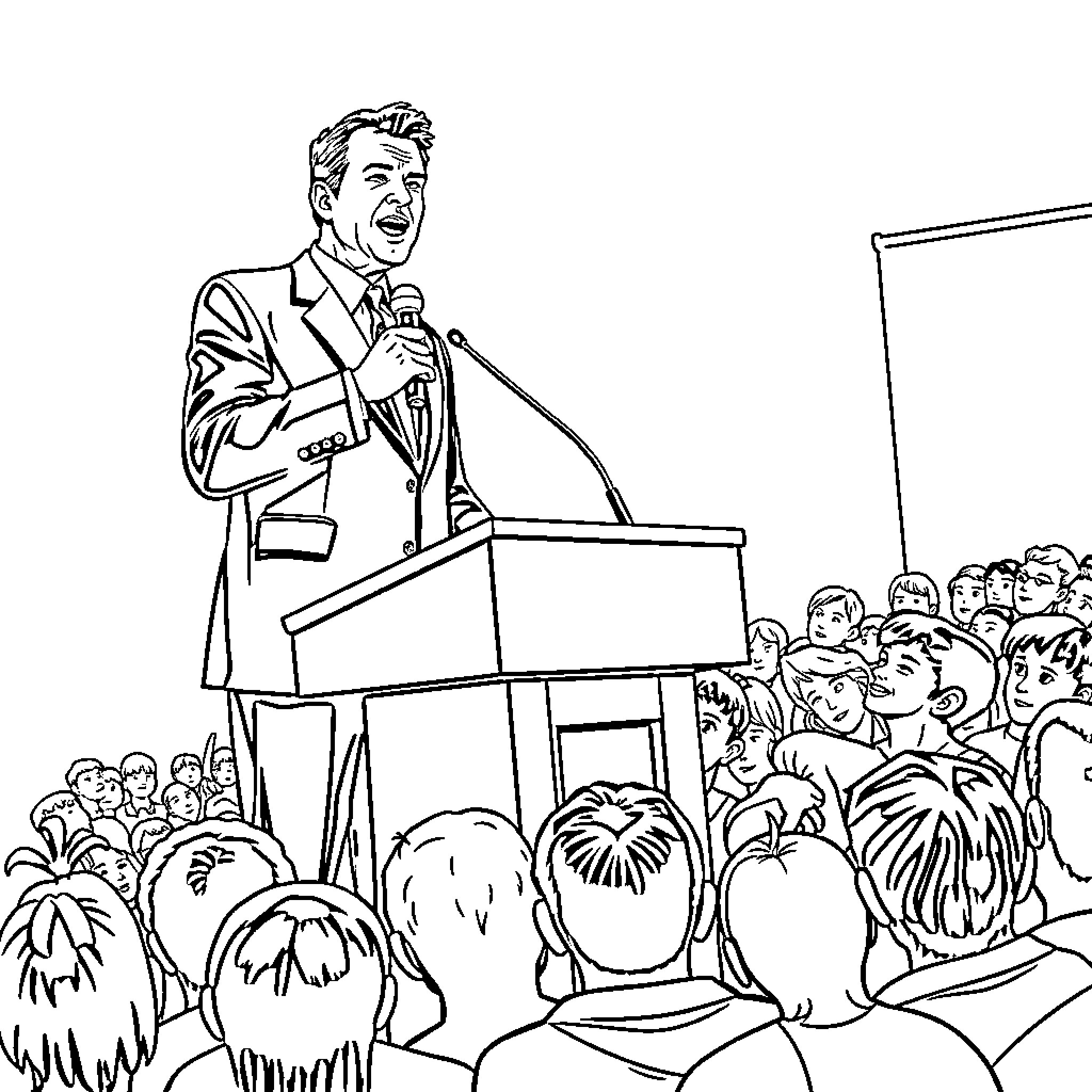 Charlie Kirk Addressing Crowd at Podium Coloring Page (free black-and-white line drawing printable PDF for all, from beginners to advanced learners, including children, teens, adults, and seniors)