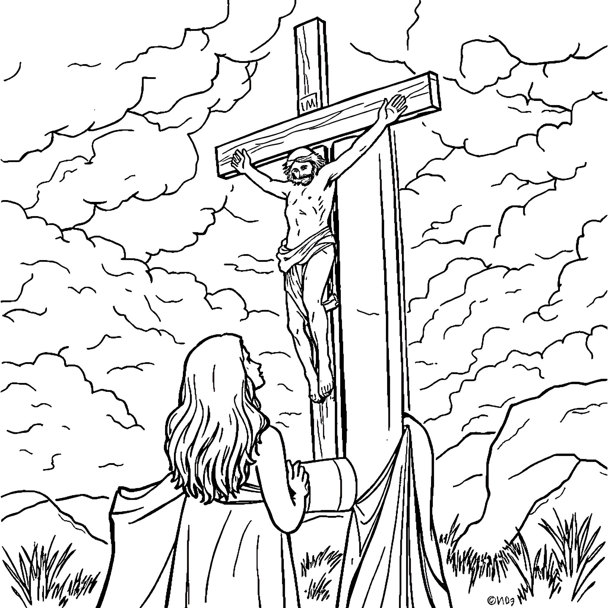 Adam and Eve Kneeling Before the Crucifixion Coloring Page (free black-and-white line drawing printable PDF for all, from beginners to advanced learners, including children, teens, adults, and seniors)