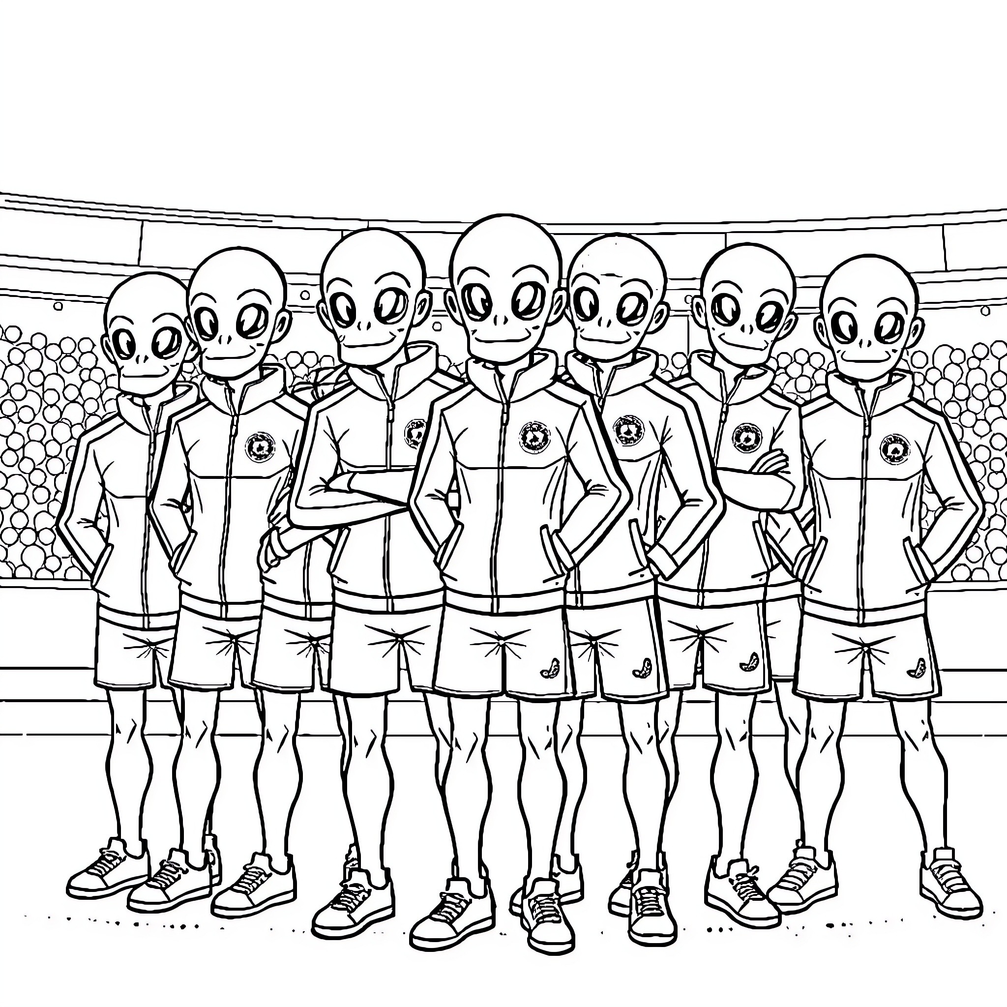 Player team united in the stadium Coloring Page (free black-and-white line drawing printable PDF for all, from beginners to advanced learners, including children, teens, adults, and seniors)
