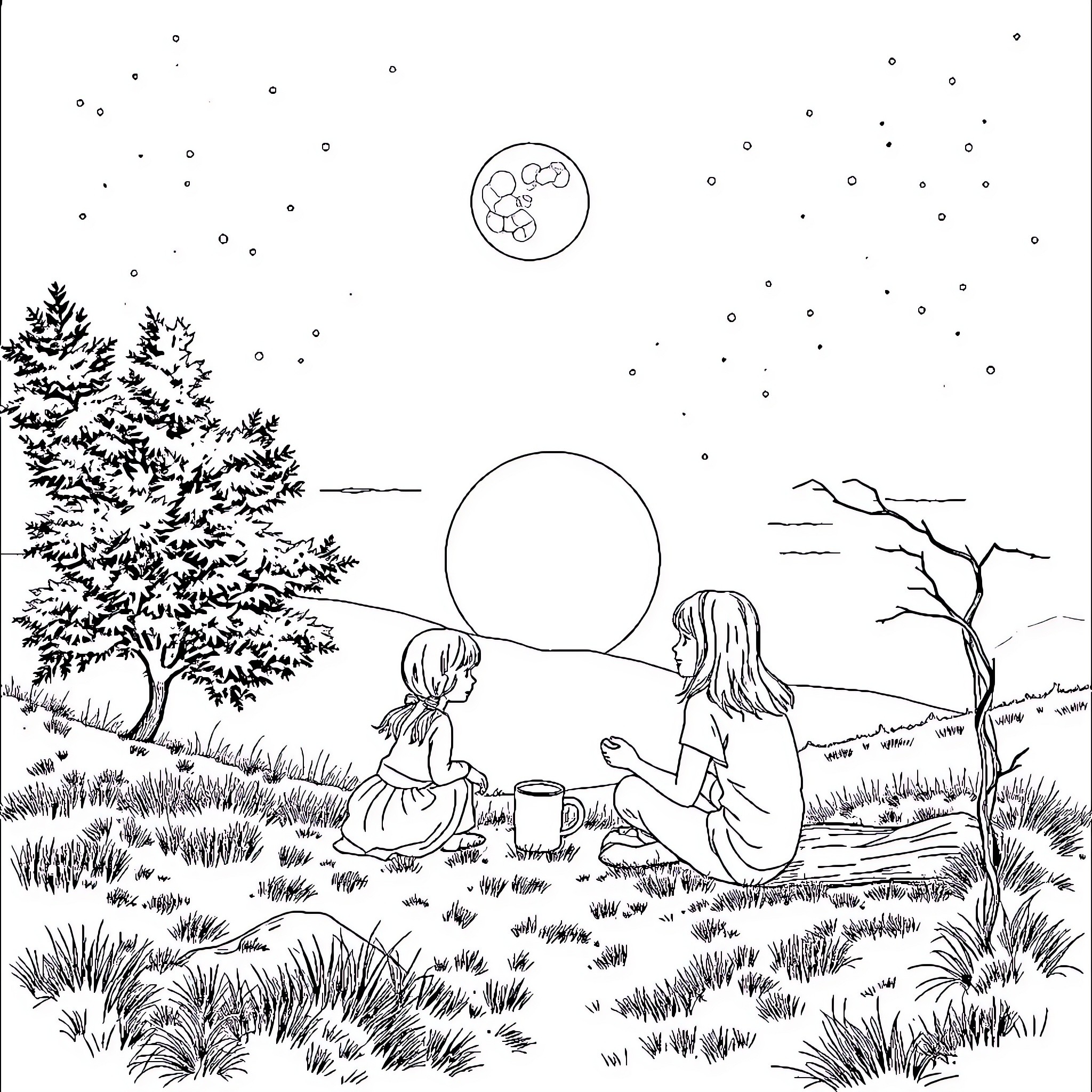 Moon gazing in a serene landscape Coloring Page (free black-and-white line drawing printable PDF for all, from beginners to advanced learners, including children, teens, adults, and seniors)