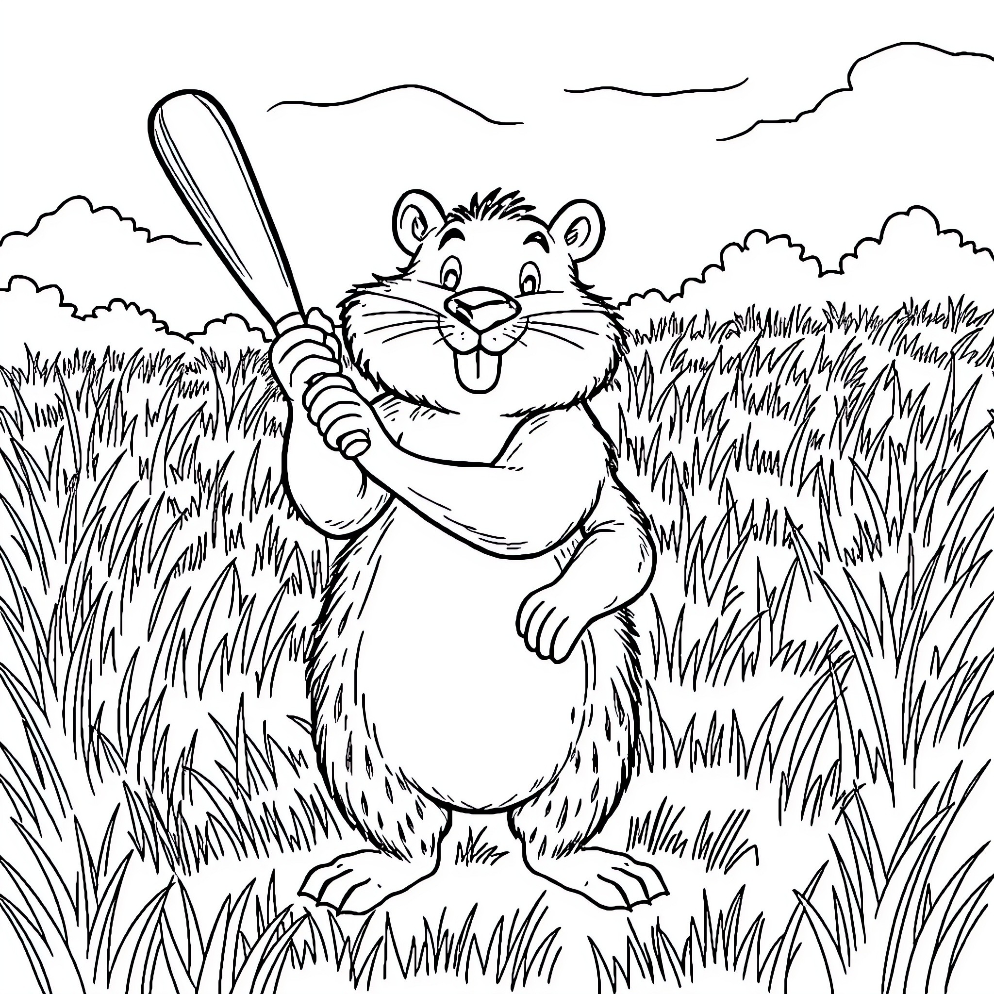 Beaver playing in the meadow with a bat Coloring Page (free black-and-white line drawing printable PDF for all, from beginners to advanced learners, including children, teens, adults, and seniors)