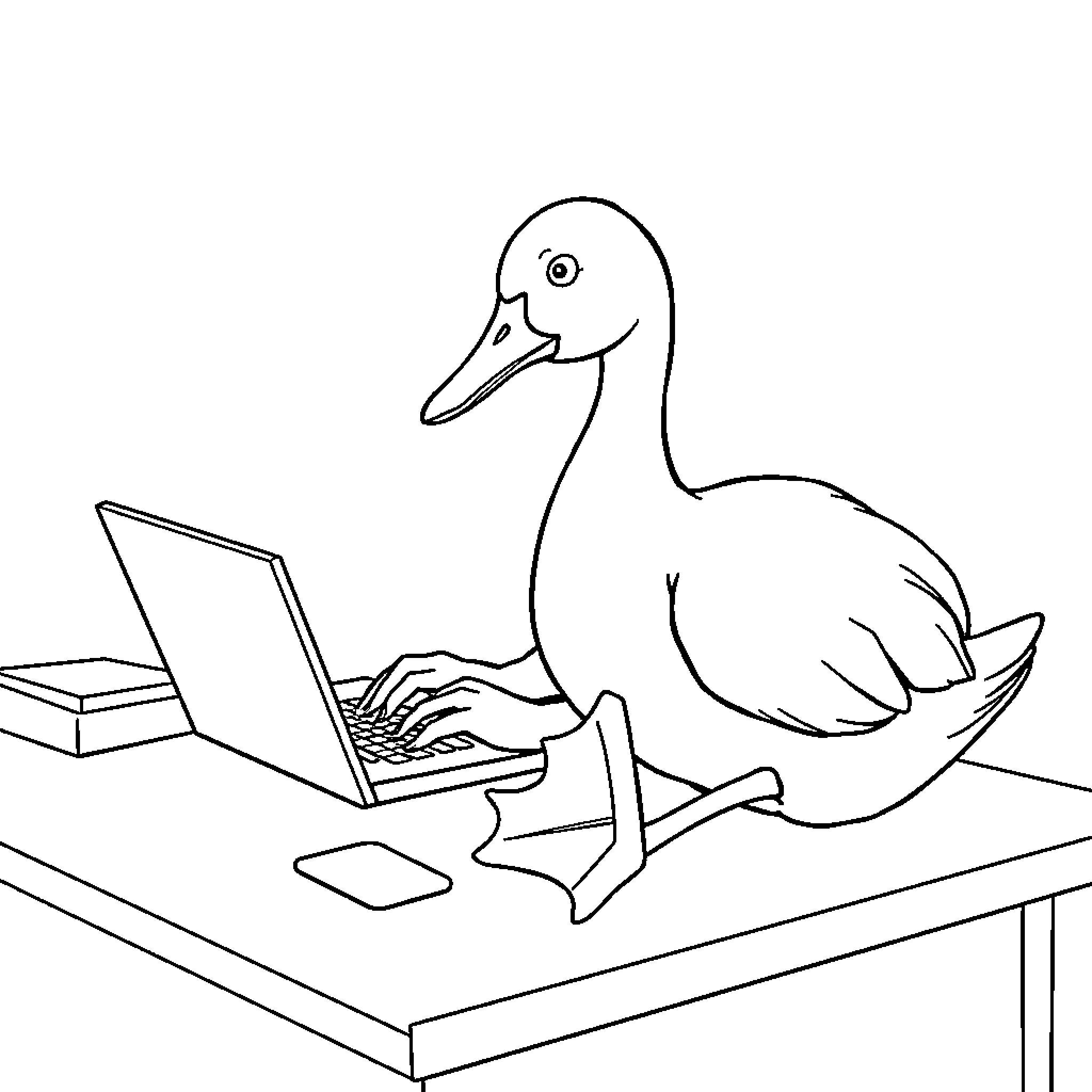 Goose using laptop on desk Coloring Page (free black-and-white line drawing printable PDF for all, from beginners to advanced learners, including children, teens, adults, and seniors)