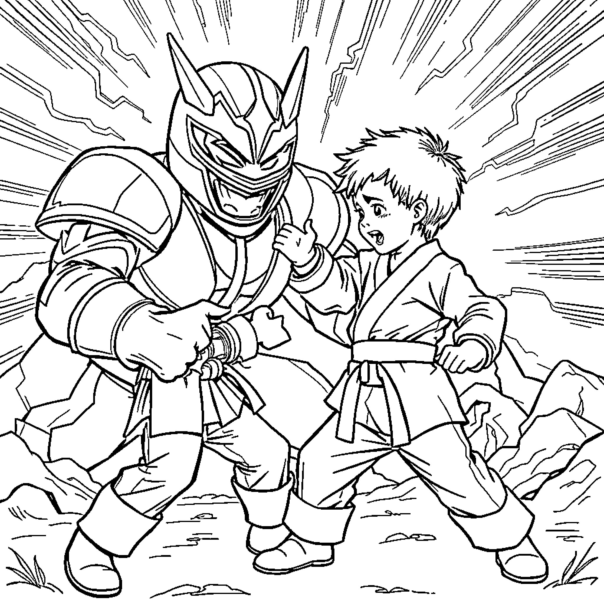Child battles heroic warrior in dramatic scene Coloring Page (free black-and-white line drawing printable PDF for all, from beginners to advanced learners, including children, teens, adults, and seniors)